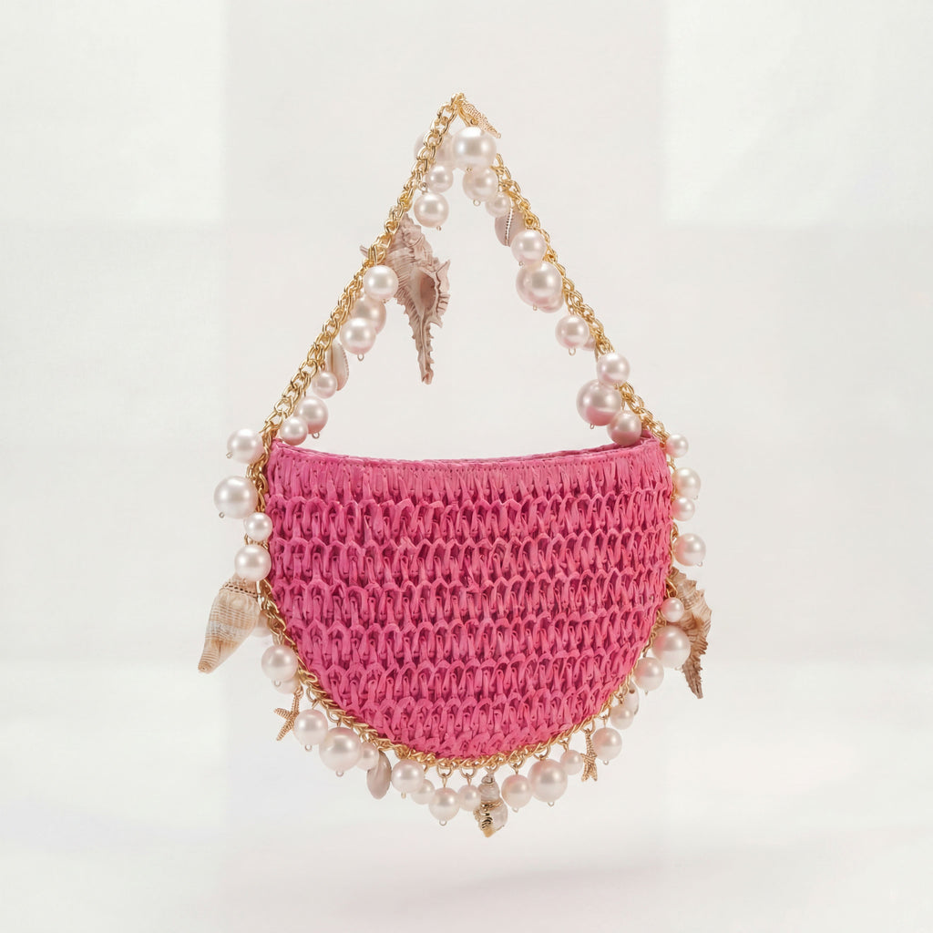 Mini Raffia Shell Bag - Pink Sands