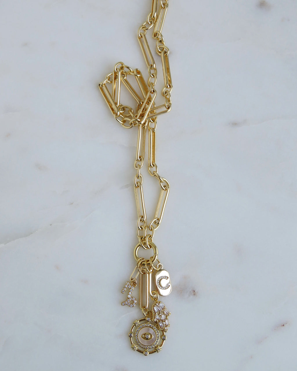 Personalized Zodiac Evil Eye Hamsa Celestial Charm Cluster Necklace - Figaro