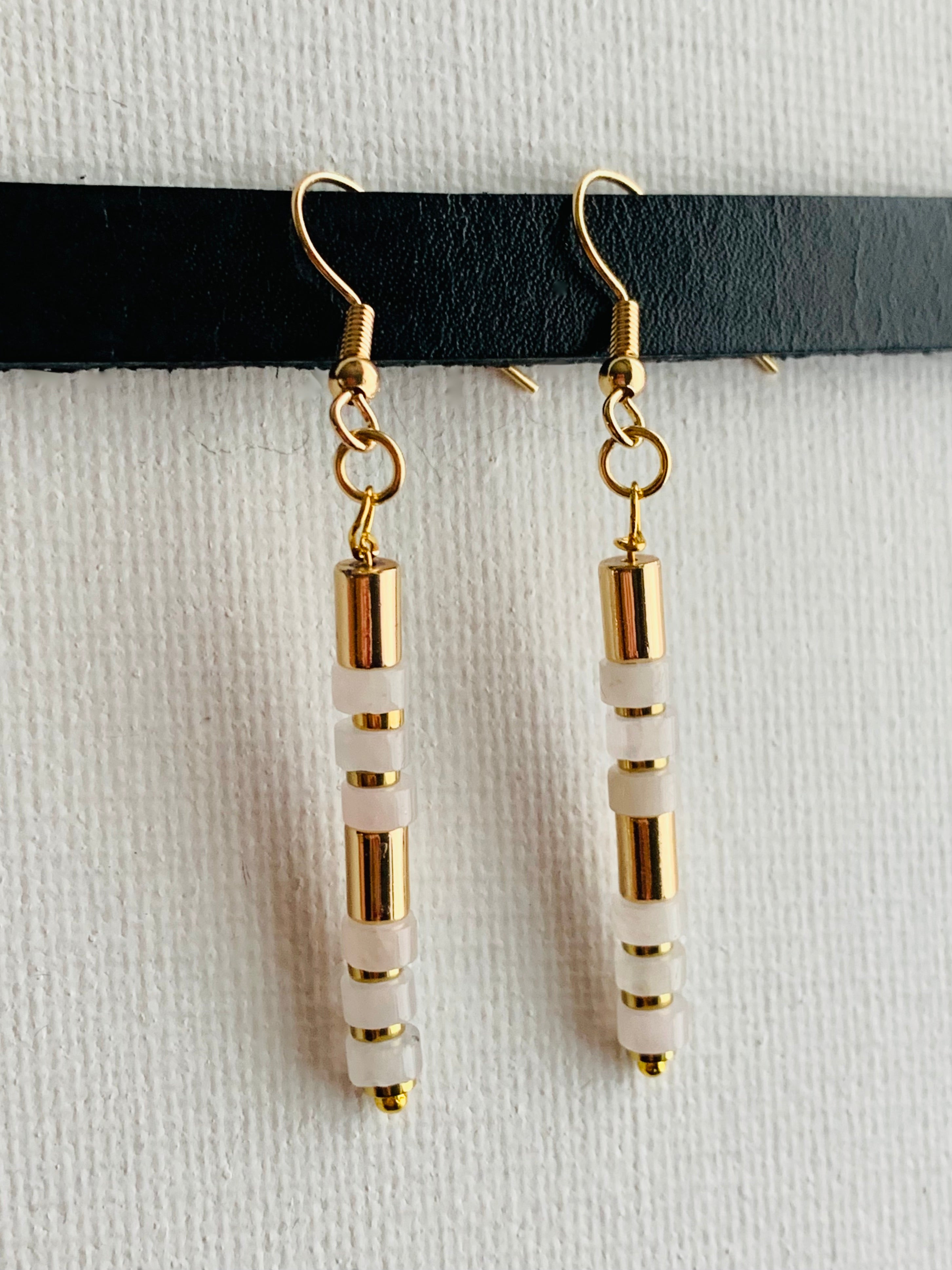 Andrea Handmade Rose Quartz and Gold Plated Hematite Stack Earrings