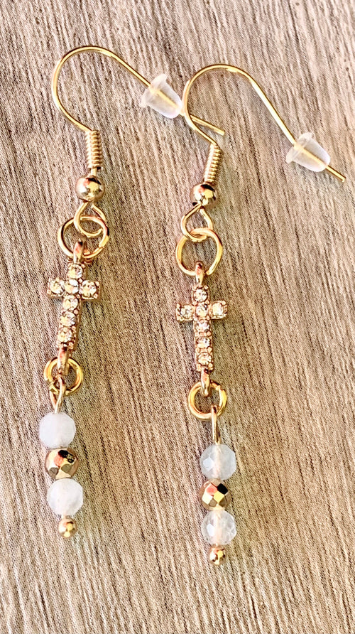 Arista Handmade Aquamarine Dangle Earrings With Rhinestone Cross Pendants