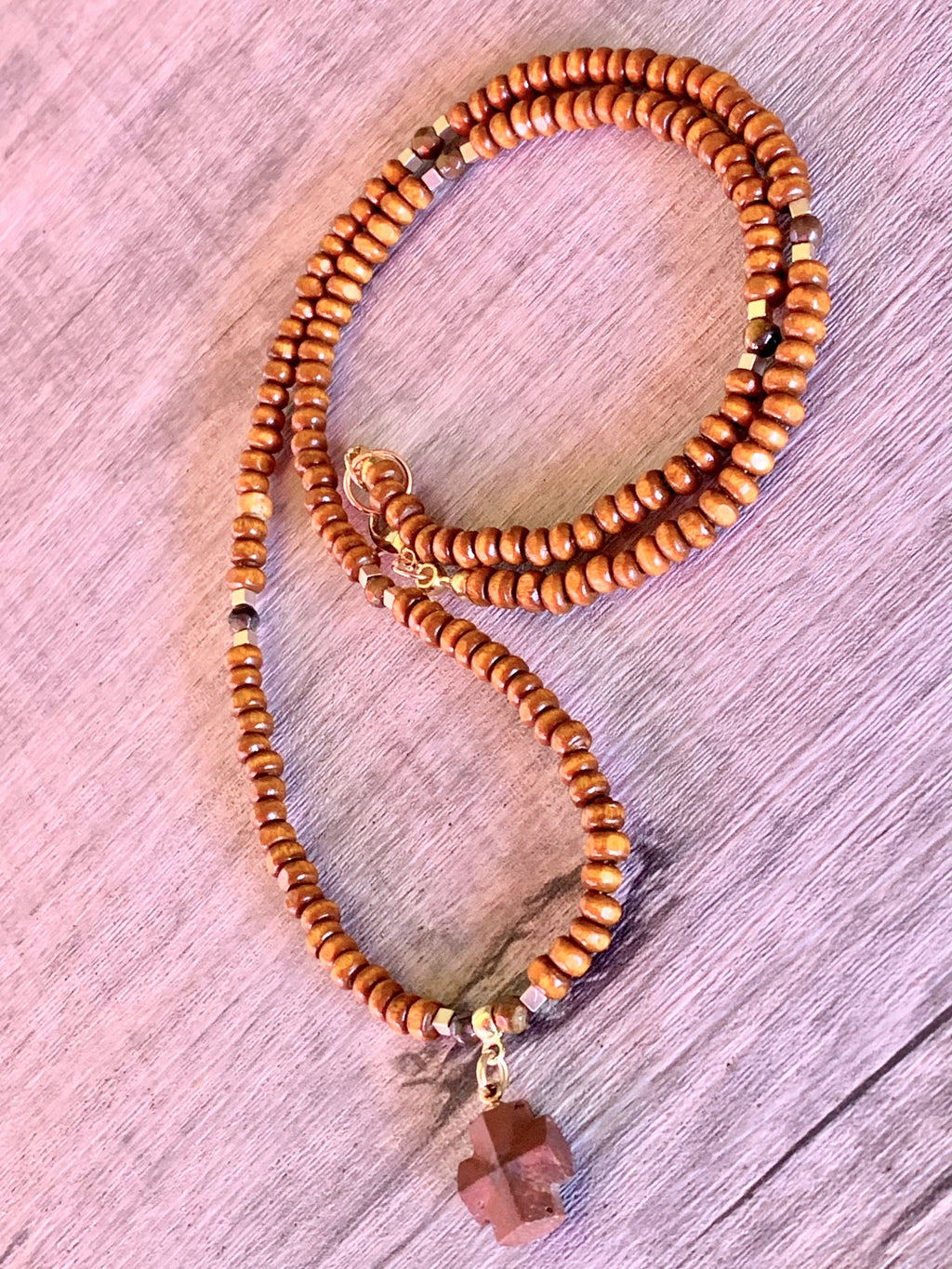 Christof Handmade Wood, Tigers Eye, and Hematite 24" Necklace With A Vintage Greek Square Cross