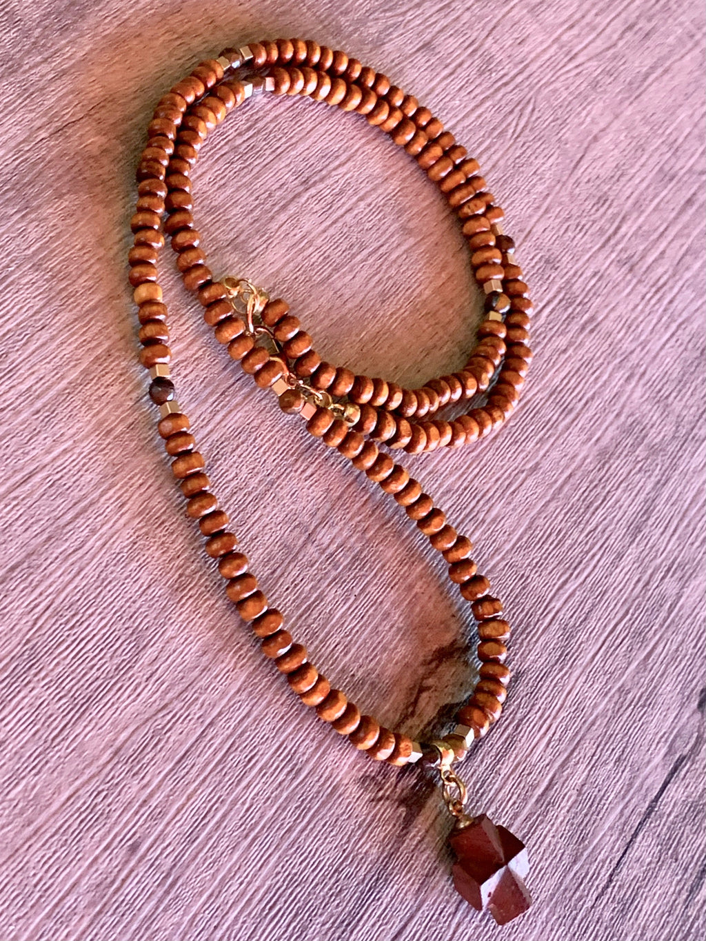 Christof Handmade Wood, Tigers Eye, and Hematite 24" Necklace With A Vintage Greek Square Cross