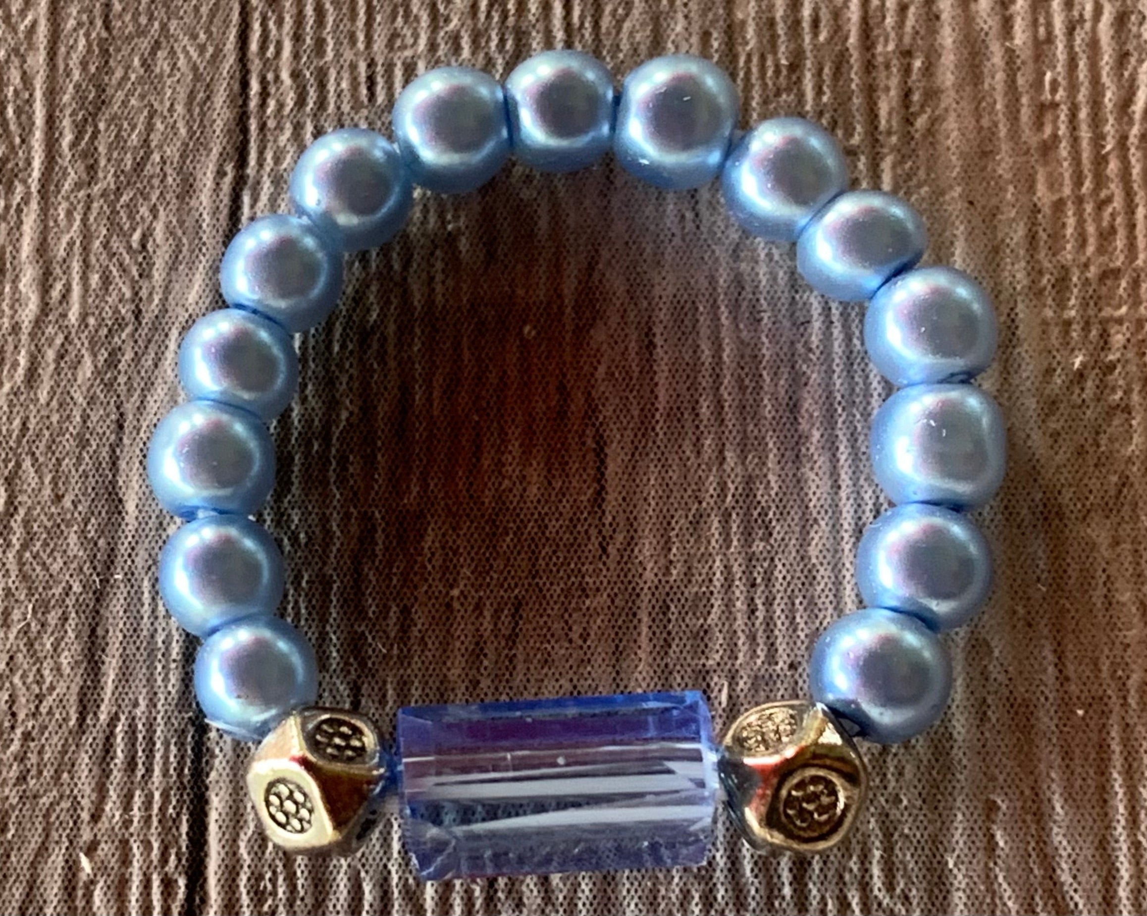 Claire Handmade Austrian Crystal, Hematite, and Faux Blue Pearl Expandable Ring