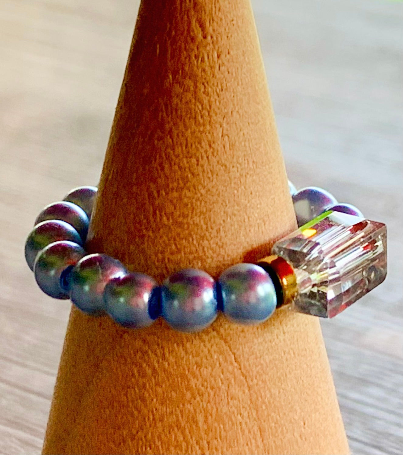 Claire Handmade Austrian Crystal, Hematite, and Faux Blue Pearl Expandable Ring