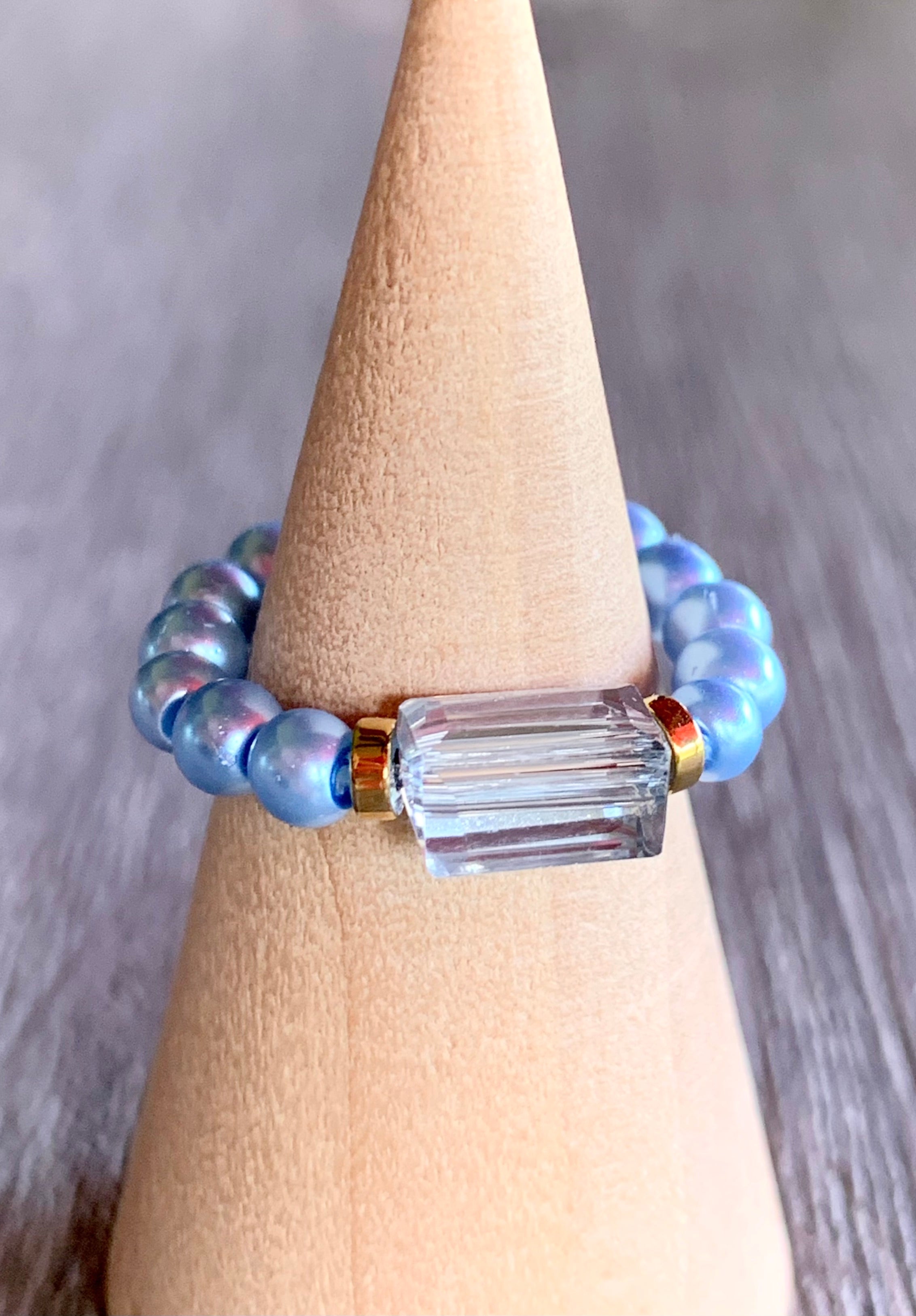 Claire Handmade Austrian Crystal, Hematite, and Faux Blue Pearl Expandable Ring
