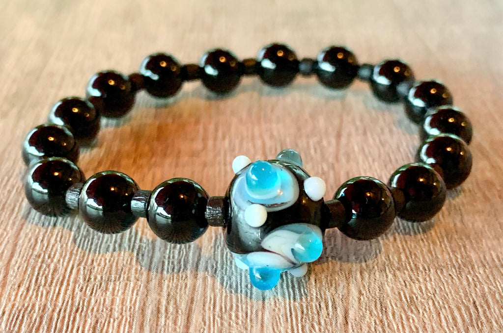 Hollis Handmade Black Tourmaline, Wood and Hand Blown Glass Expandable Bracelet