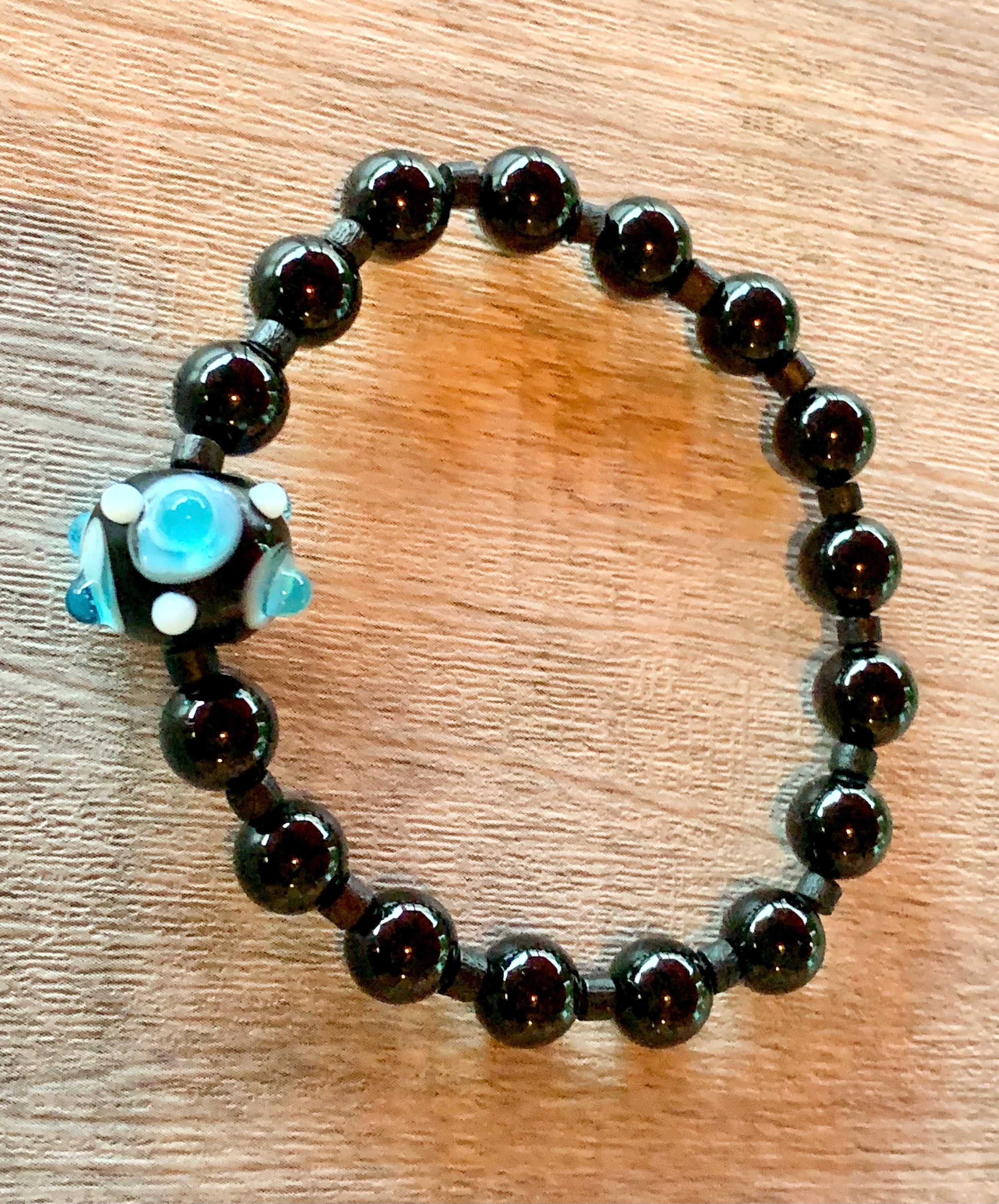 Hollis Handmade Black Tourmaline, Wood and Hand Blown Glass Expandable Bracelet