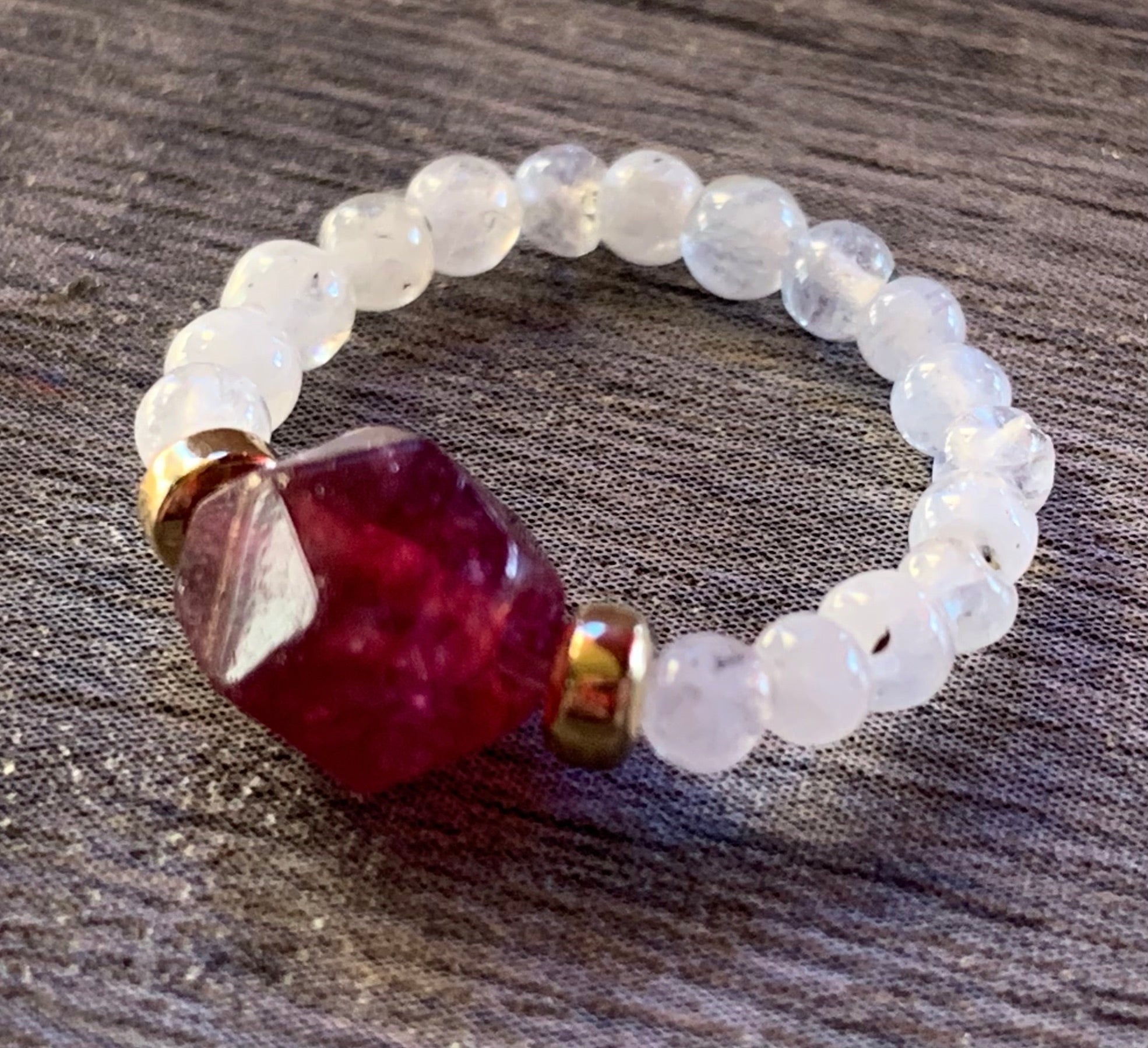 Linda Handmade Moonstone, Red Chalcedony, and Gold Plated Hematite Expandable Ring