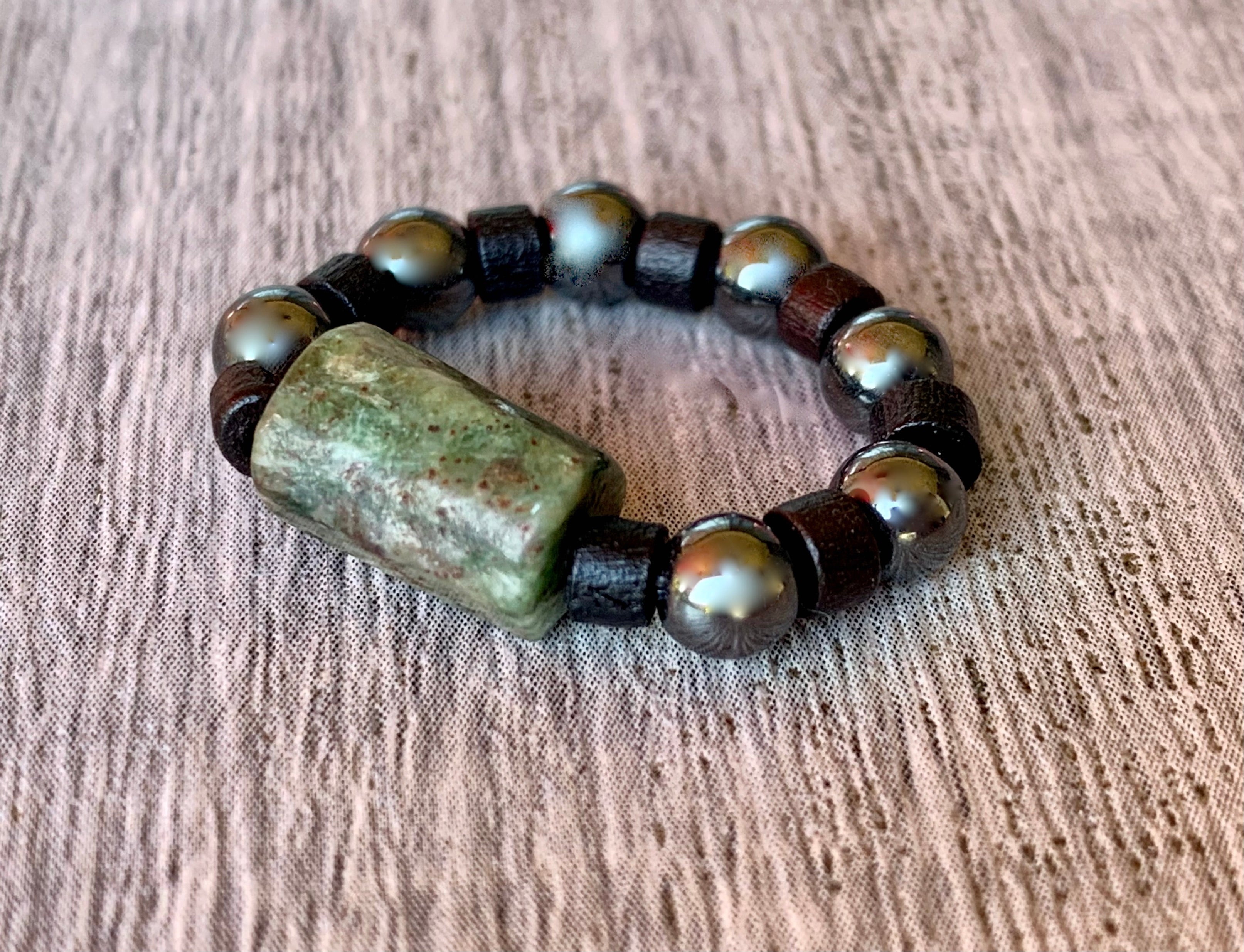 Ellen Handmade Emerald, Wood, and Black Hematite Expandable Ring