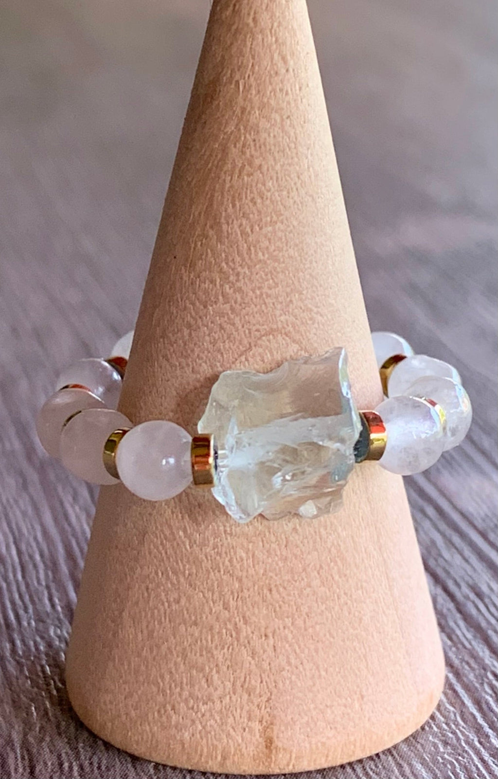 Mia Handmade Raw Light Blue Topaz, Rainbow Moonstone, and Hematite Expandable Ring