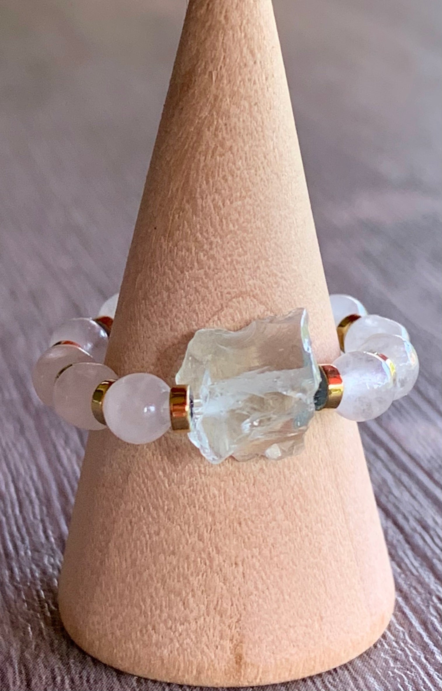 Mia Handmade Raw Light Blue Topaz, Rainbow Moonstone, and Hematite Expandable Ring