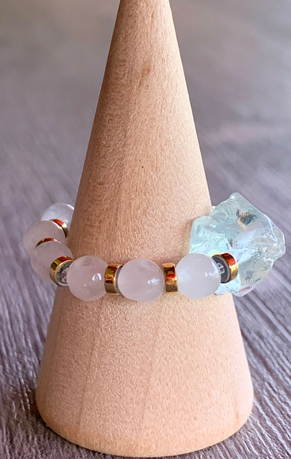 Mia Handmade Raw Light Blue Topaz, Rainbow Moonstone, and Hematite Expandable Ring