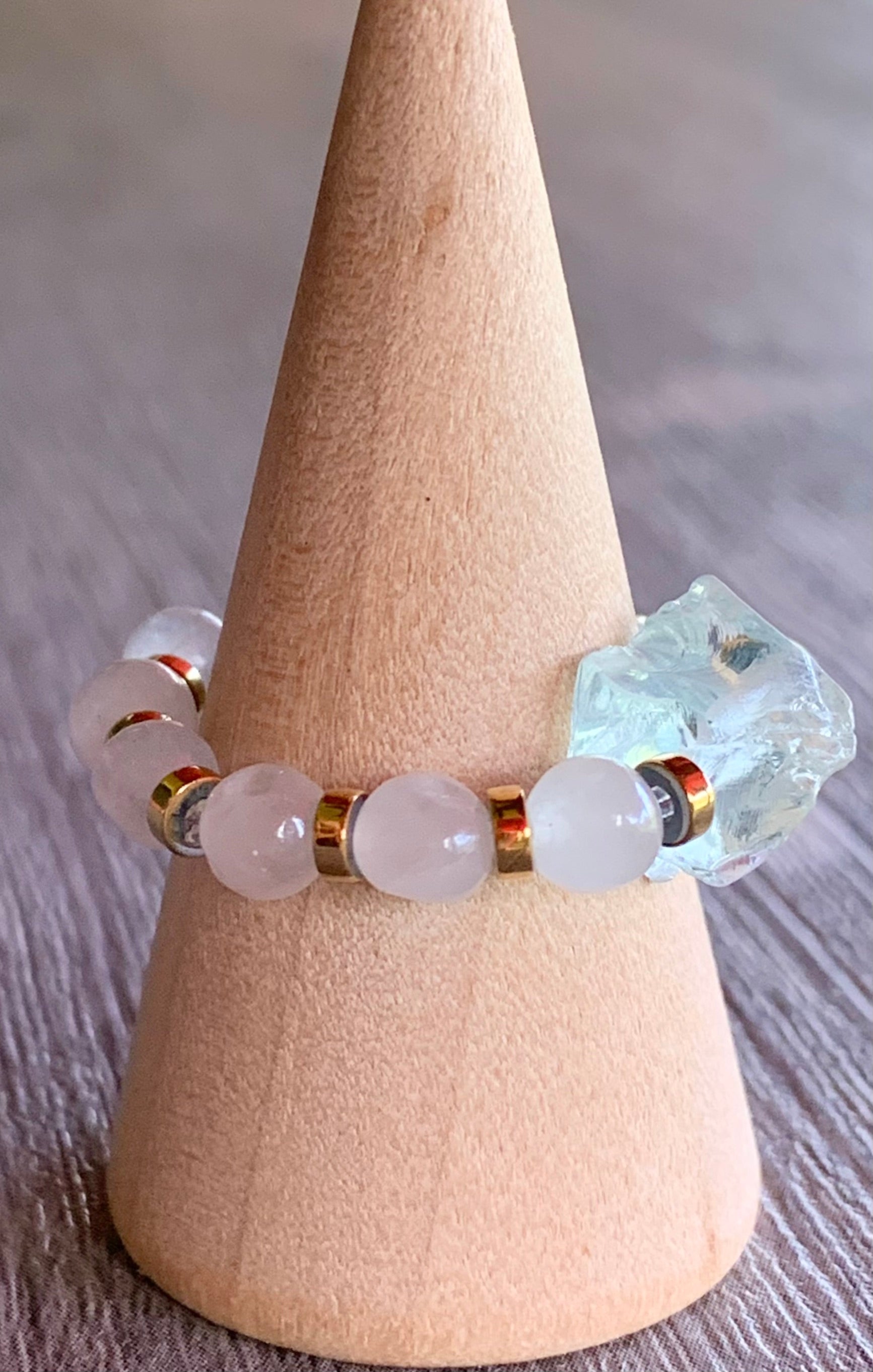 Mia Handmade Raw Light Blue Topaz, Rainbow Moonstone, and Hematite Expandable Ring