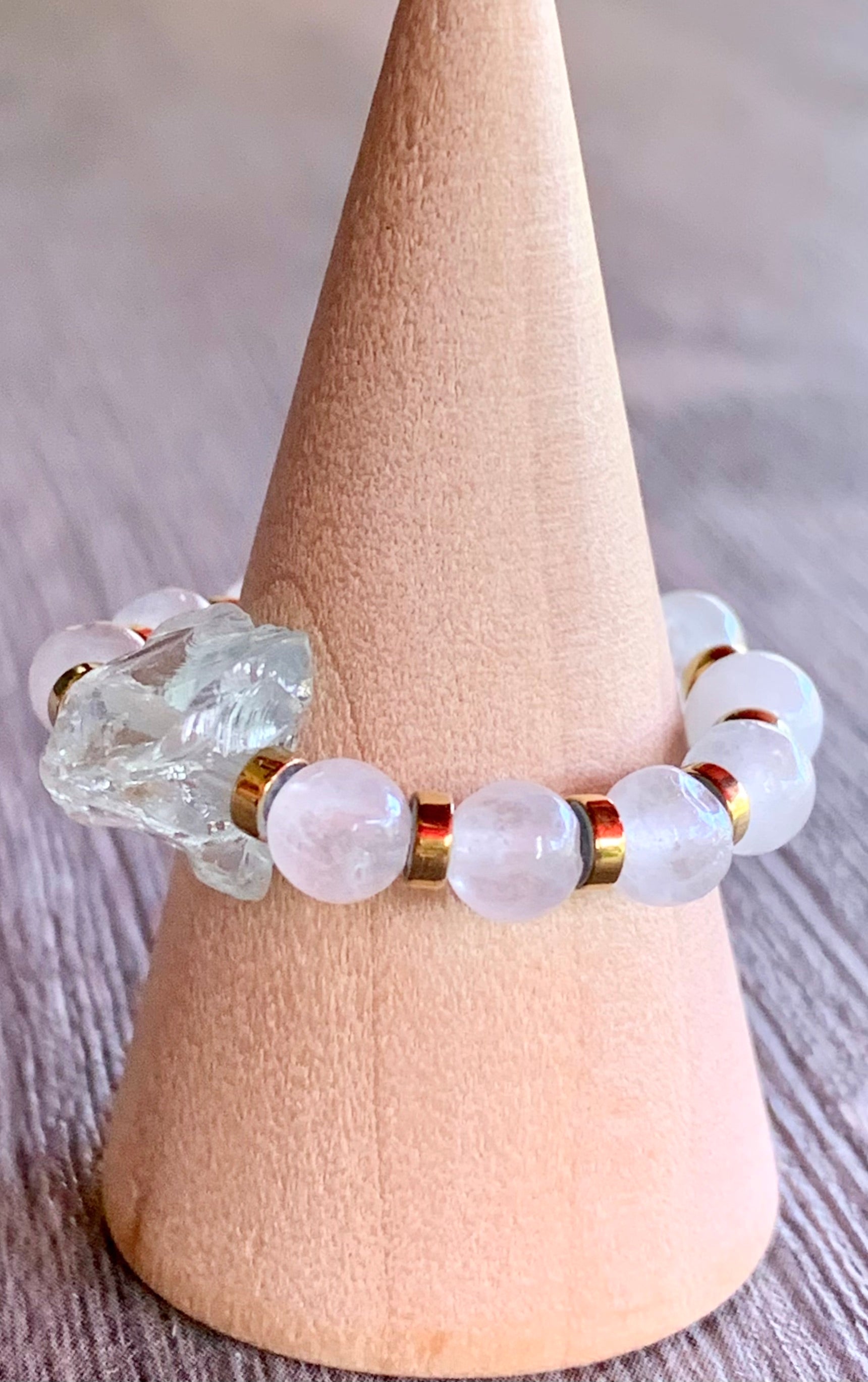 Mia Handmade Raw Light Blue Topaz, Rainbow Moonstone, and Hematite Expandable Ring