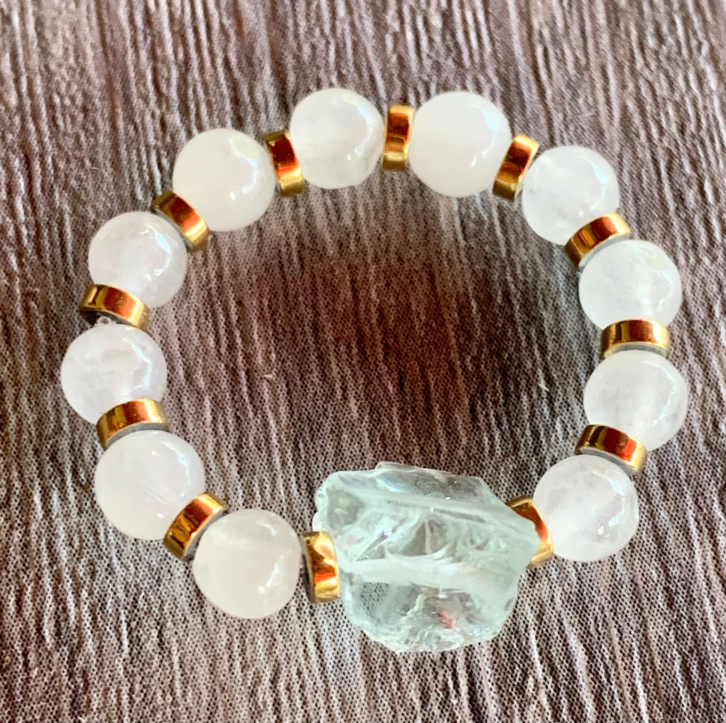 Mia Handmade Raw Light Blue Topaz, Rainbow Moonstone, and Hematite Expandable Ring