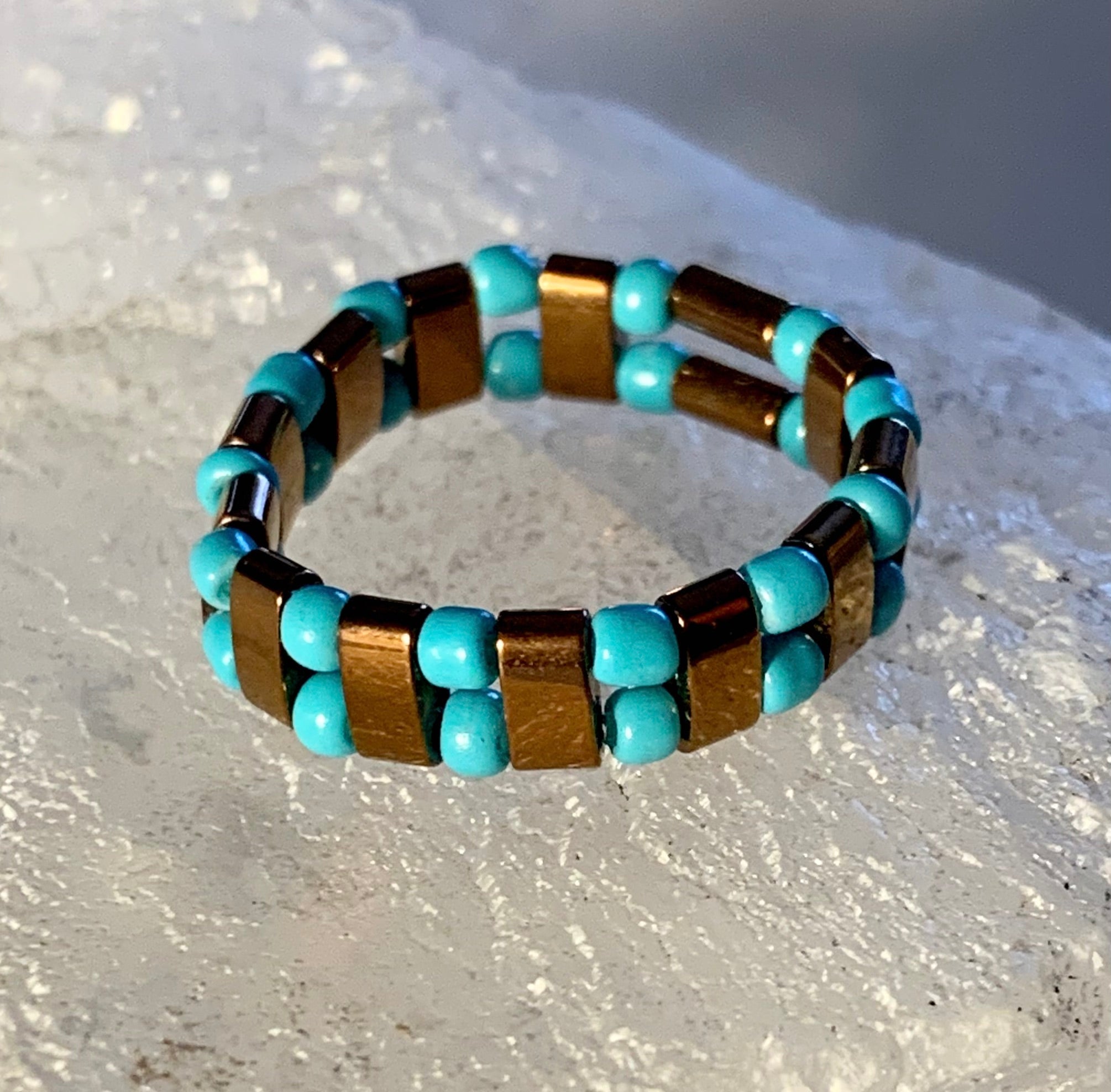 Kai Handmade Copper Plated Hematite and Seed Bead Expandable Ring (Size 7-8)