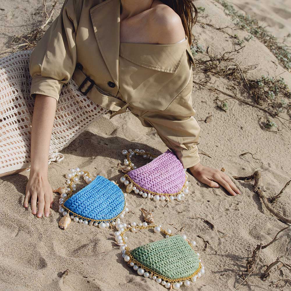 Mini Raffia Shell Bag - Riviera Blëu