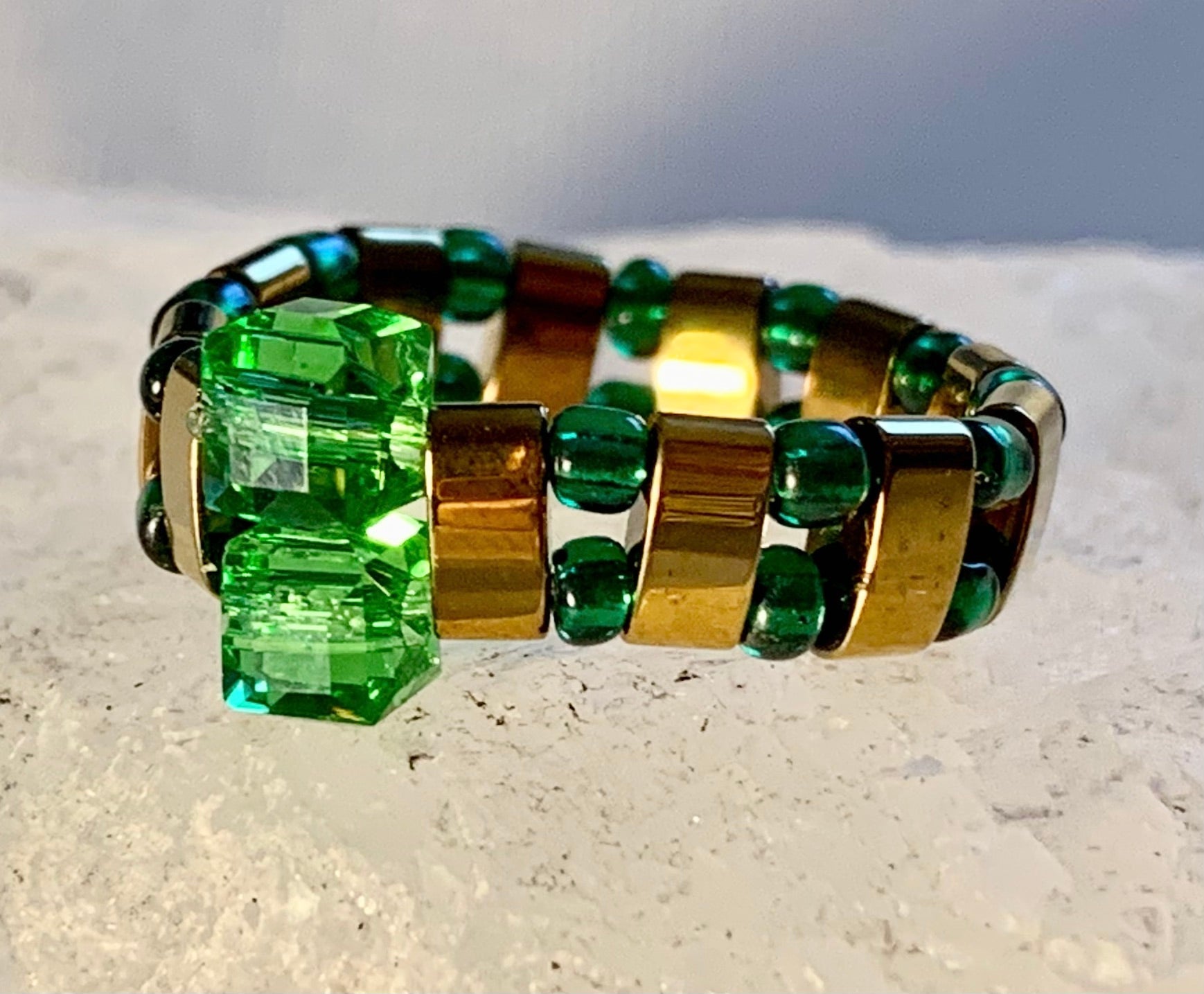 Kryppto Handmade Gold Plated Hematite, Austrian Crystal, and Seed Bead Expandable Ring