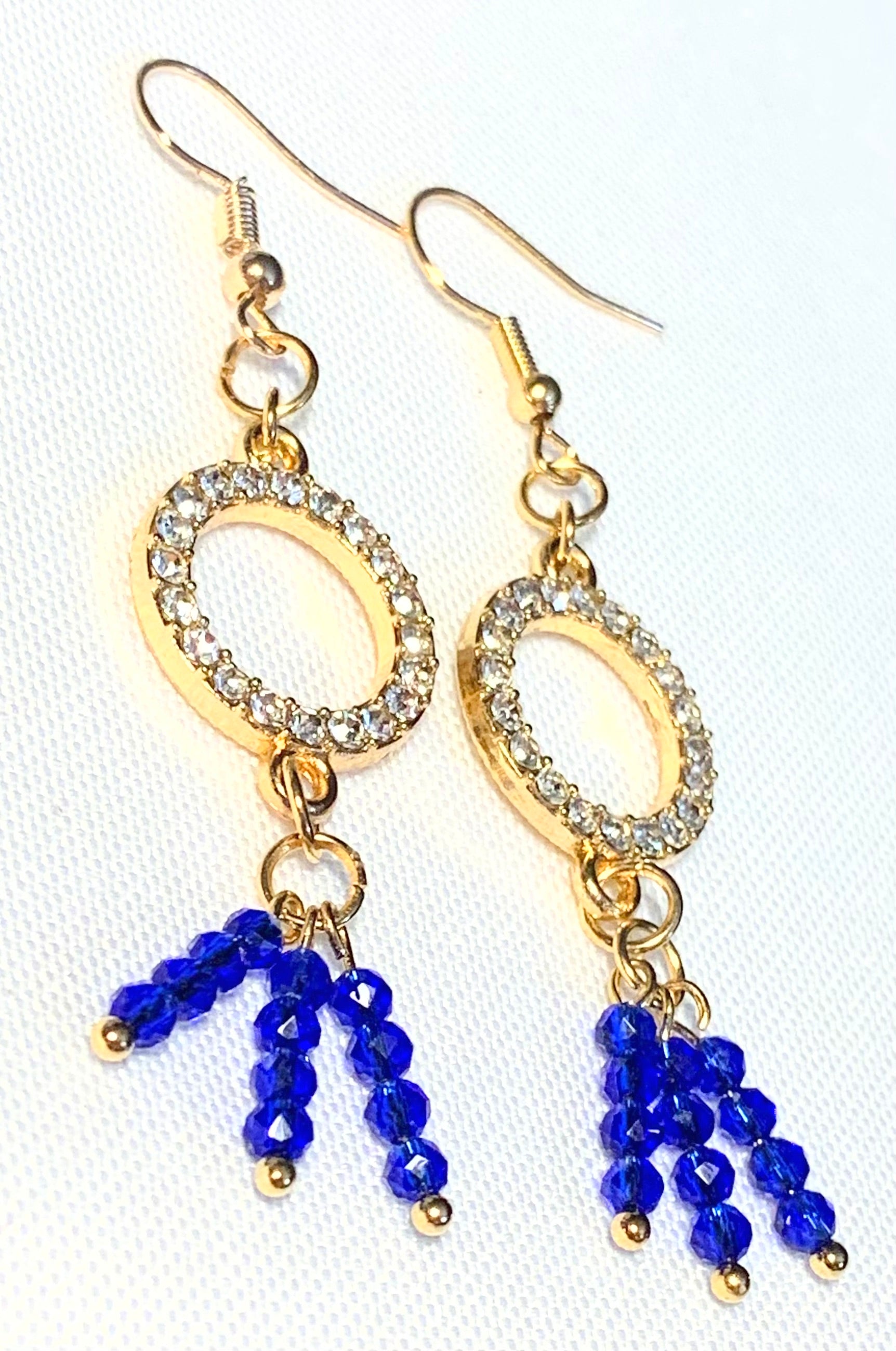Luz Handmade Blue Sapphire Dangle Earrings with Rhinestone Circles