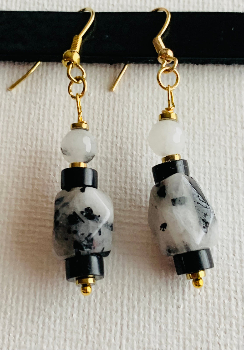 Marisa Handmade Tourmalinated Quartz, Rutilated Quartz, Black Onyx, and Gold Plated Hematite Earrings