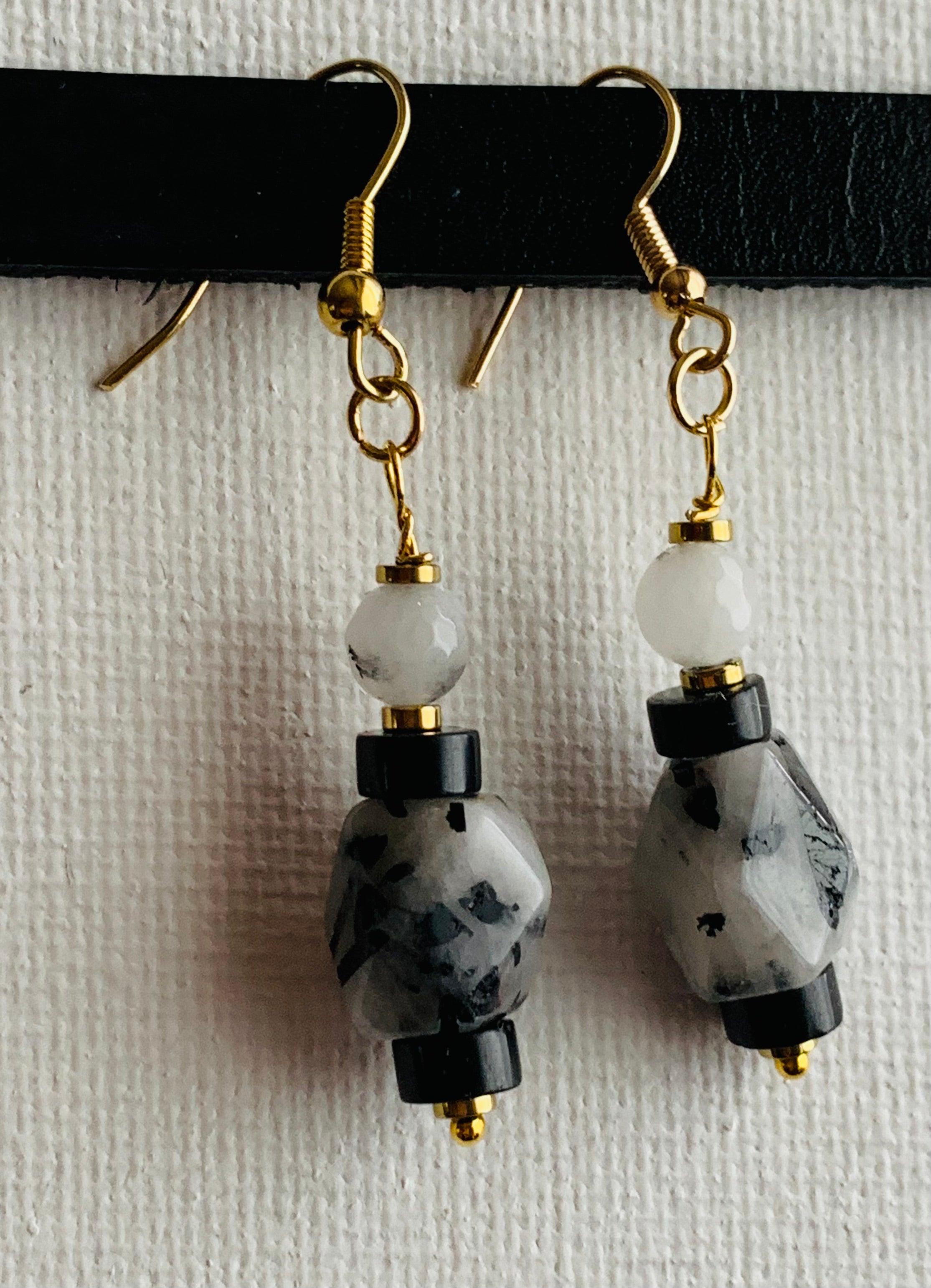 Marisa Handmade Tourmalinated Quartz, Rutilated Quartz, Black Onyx, and Gold Plated Hematite Earrings