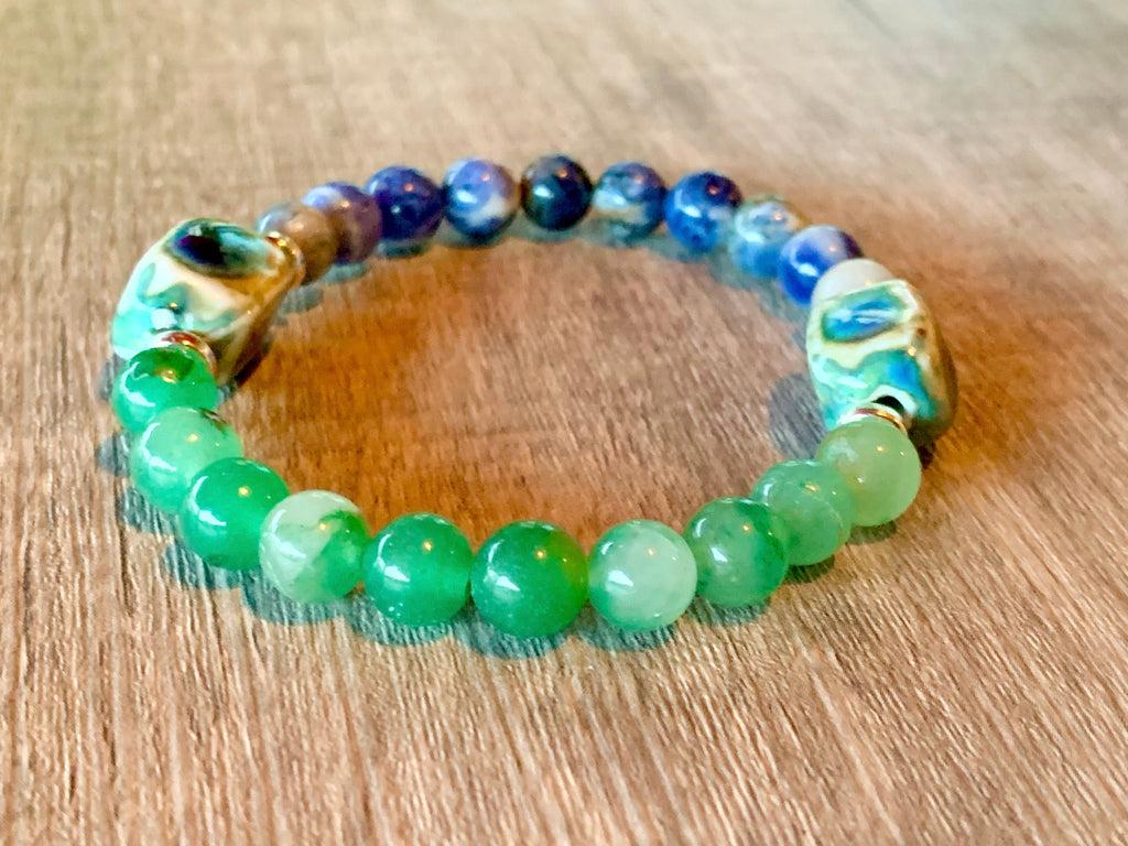 Moss Handmade Green Jade, Sodalite and Ceramic Expandable Bracelet
