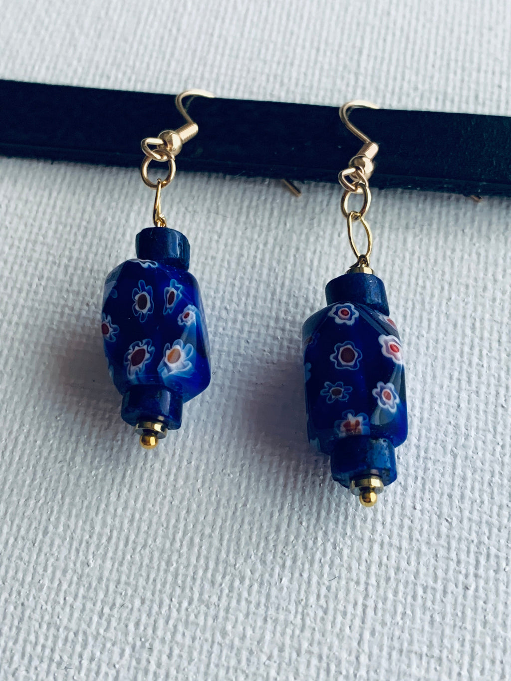 Myrna Handmade Lapis Lazuli, Millefiori Bead, and Gold Plated Hematite Earrings
