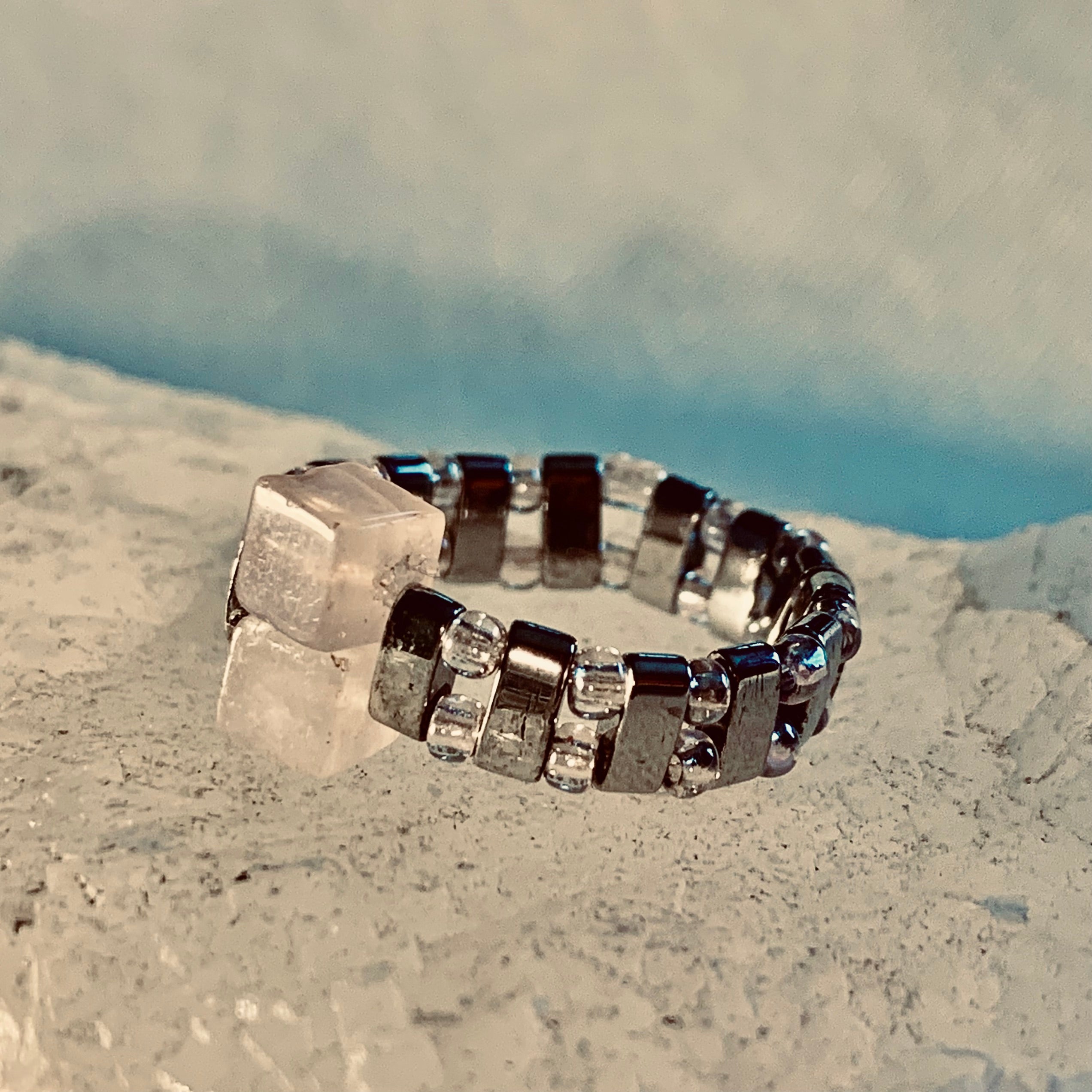 Paulina Handmade Rose Quartz and Hematite Expandable Ring