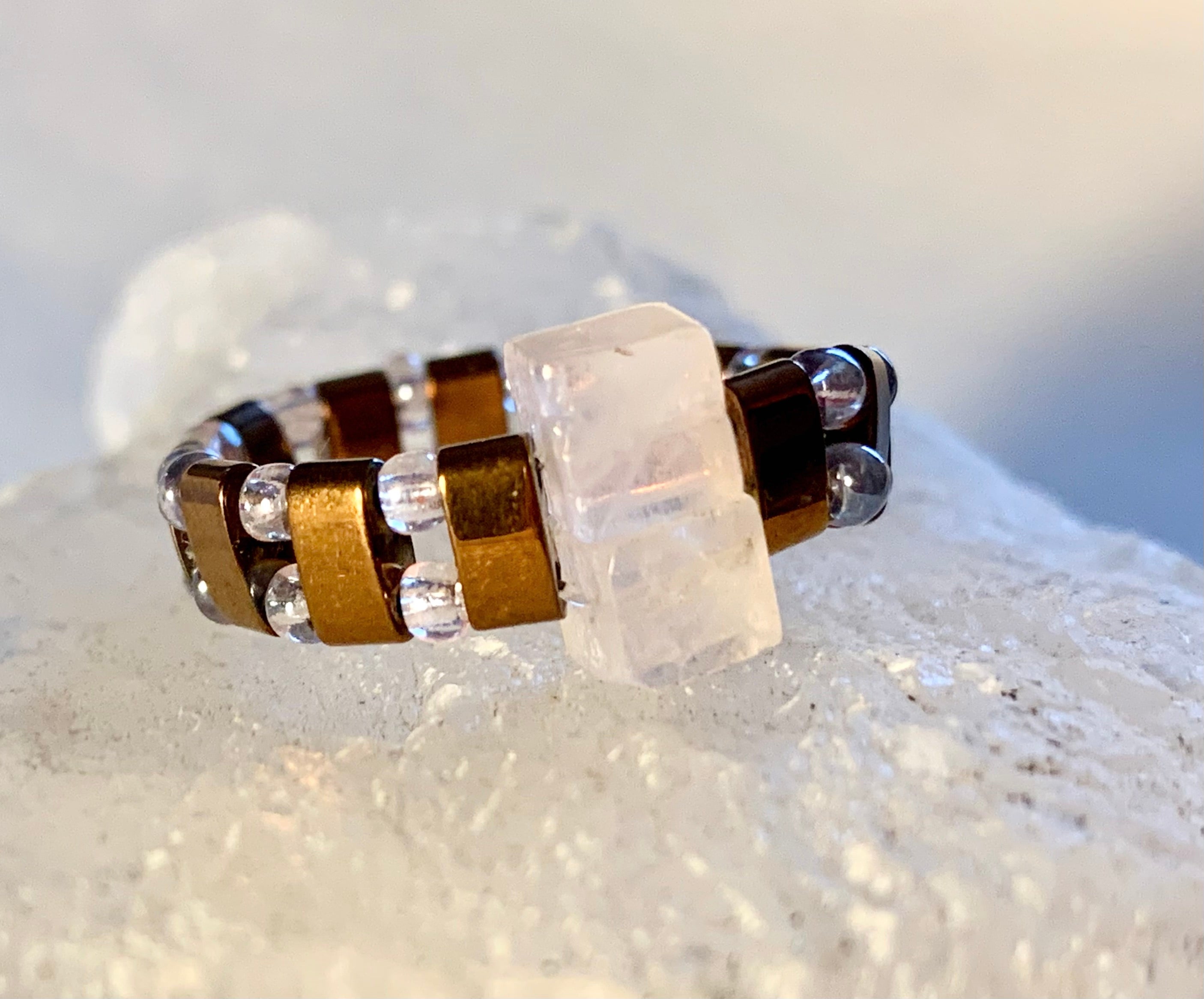 Paulina Handmade Rose Quartz and Hematite Expandable Ring