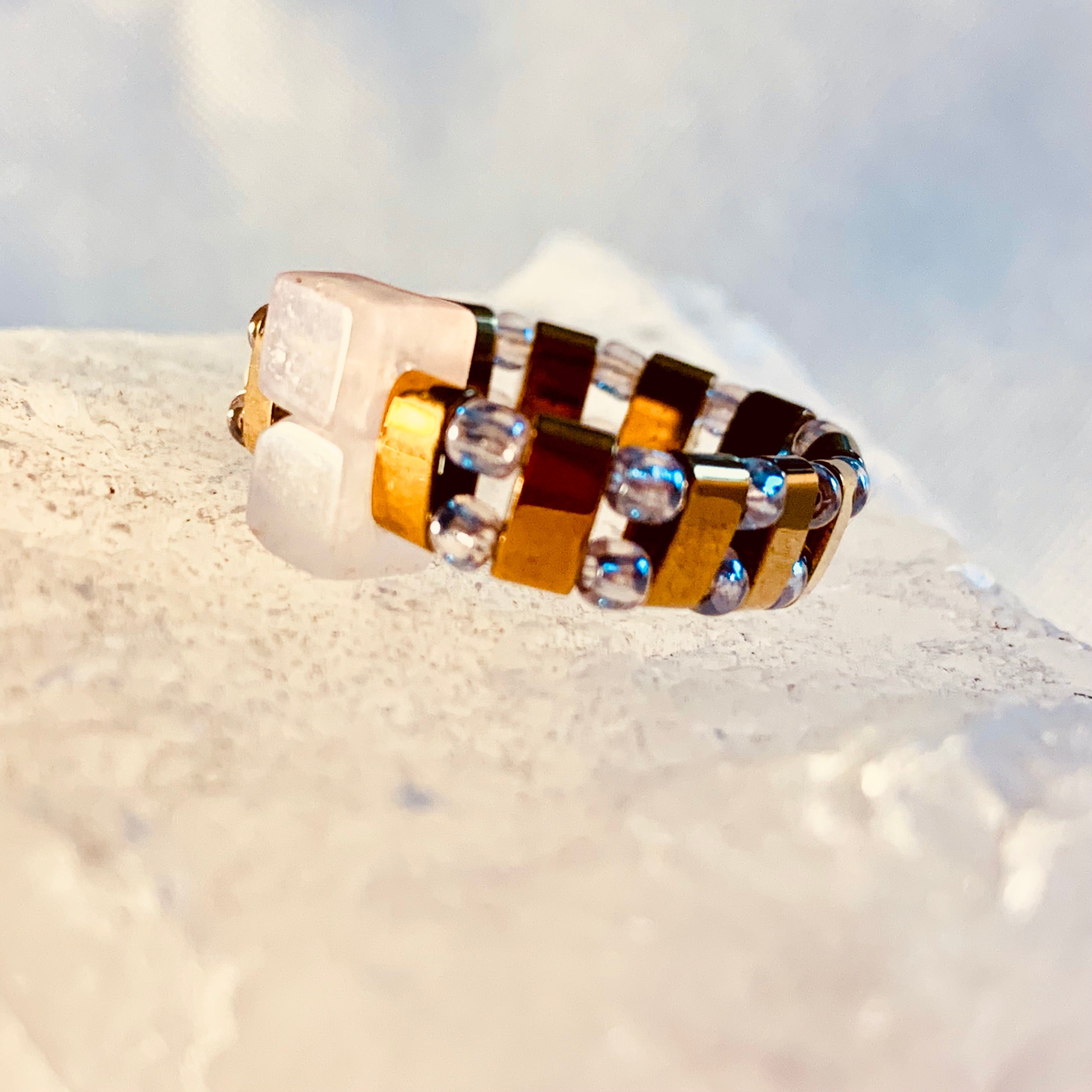 Paulina Handmade Rose Quartz and Hematite Expandable Ring