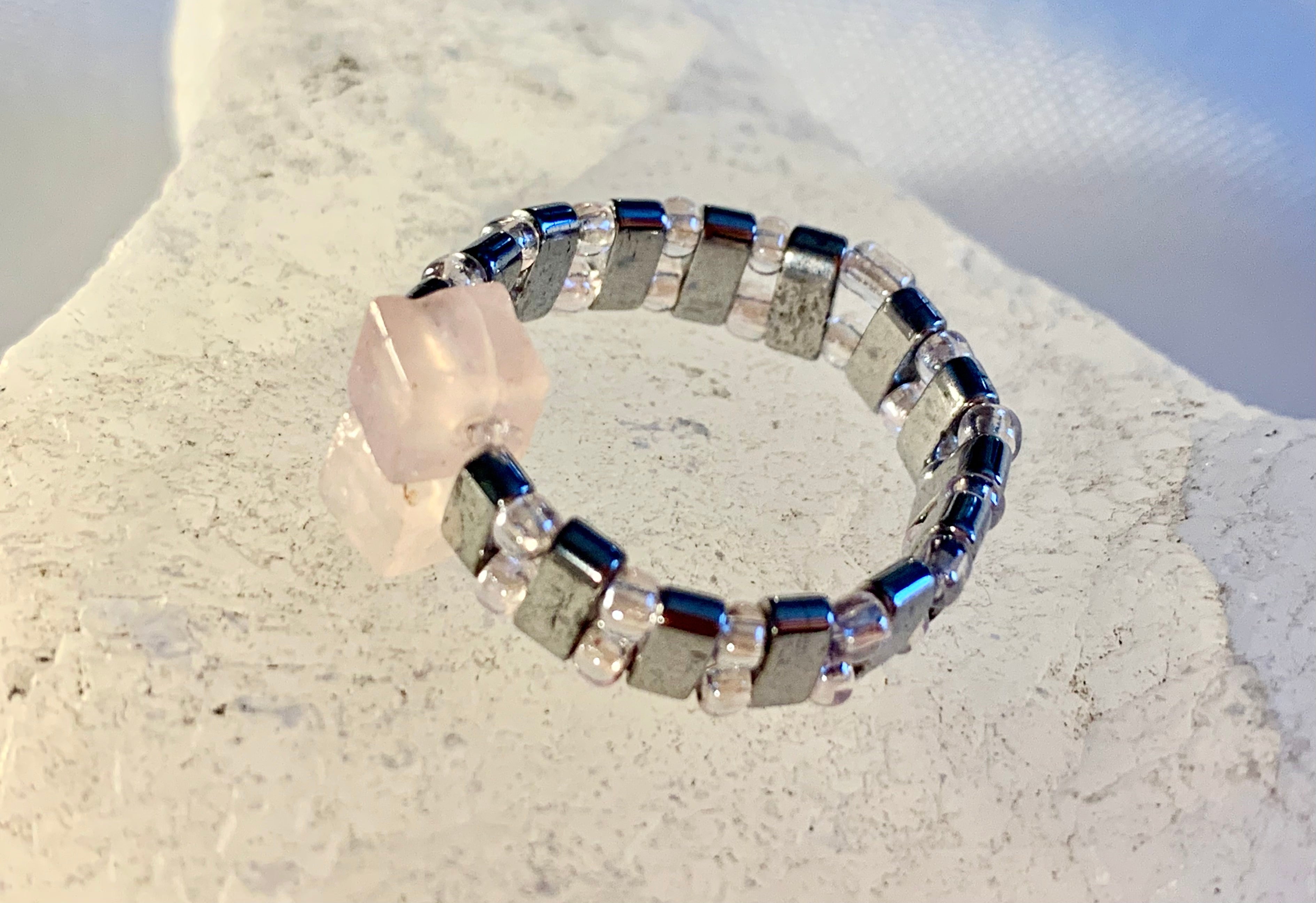 Paulina Handmade Rose Quartz and Hematite Expandable Ring
