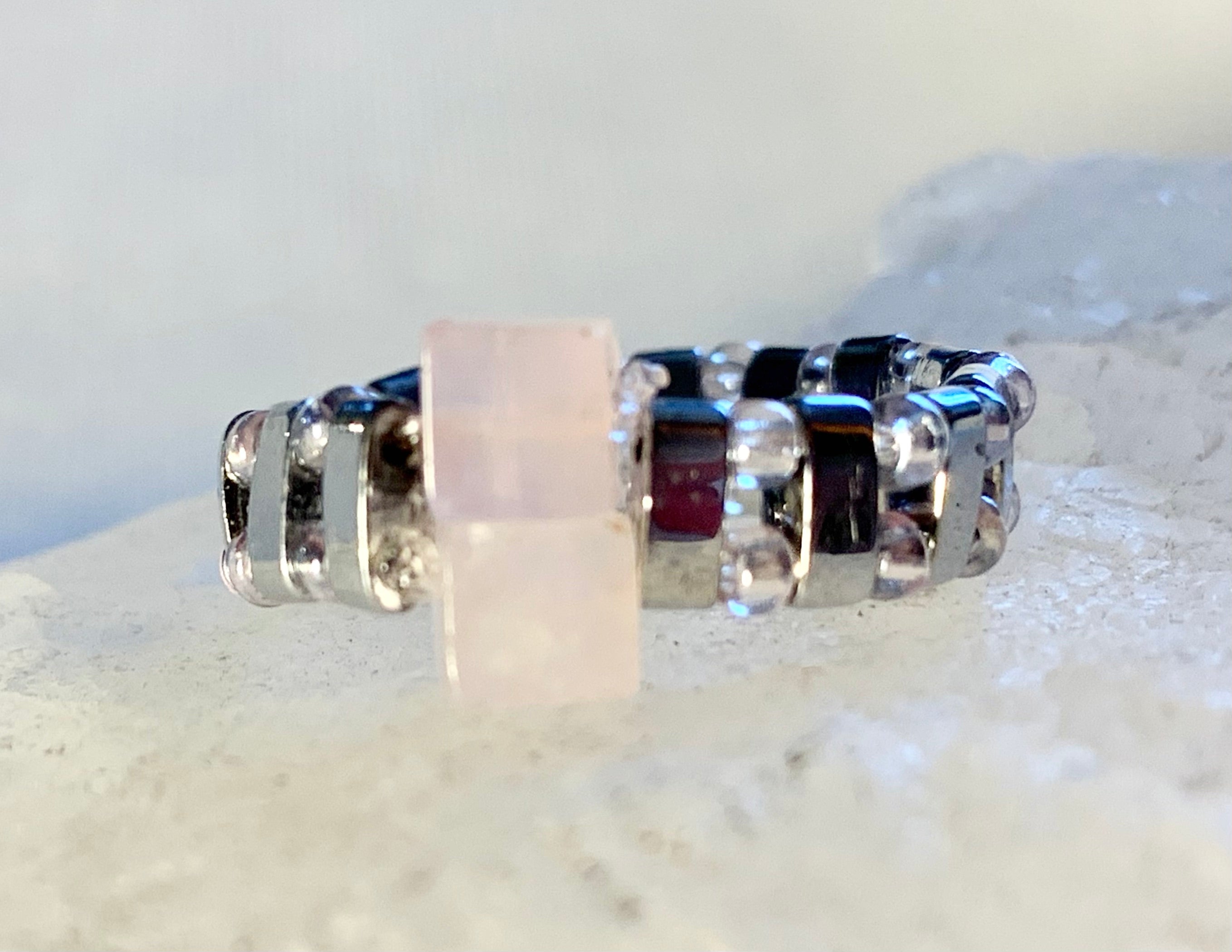 Paulina Handmade Rose Quartz and Hematite Expandable Ring