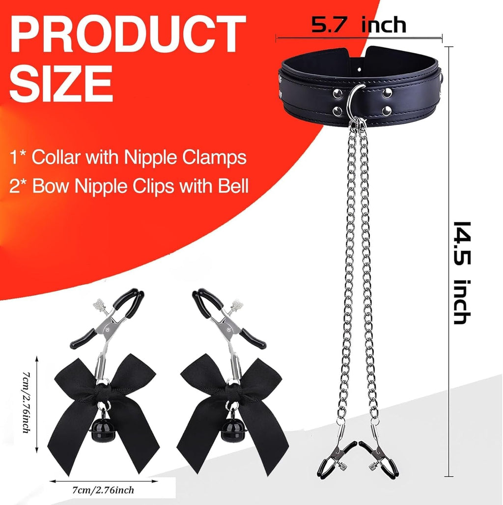 BowBelle BDSM Nipple Clamps Collar Set