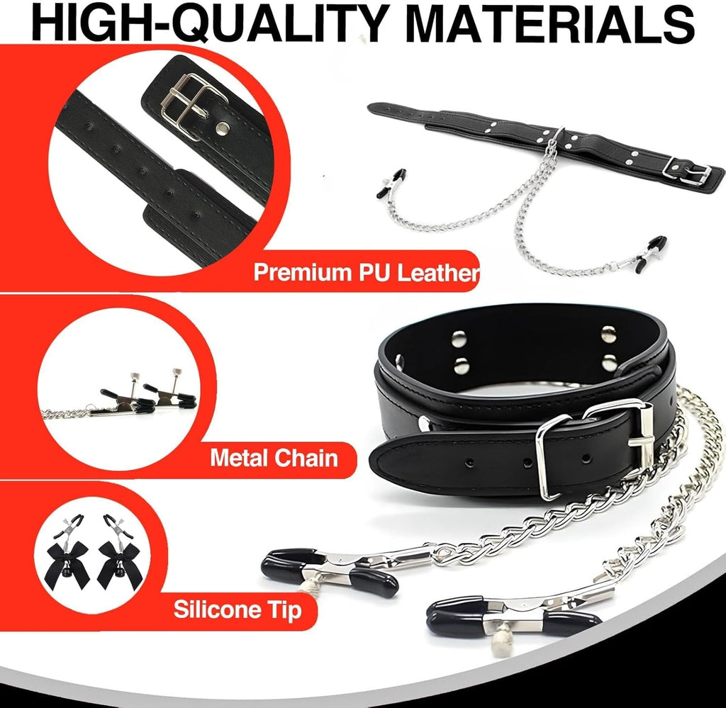 BowBelle BDSM Nipple Clamps Collar Set
