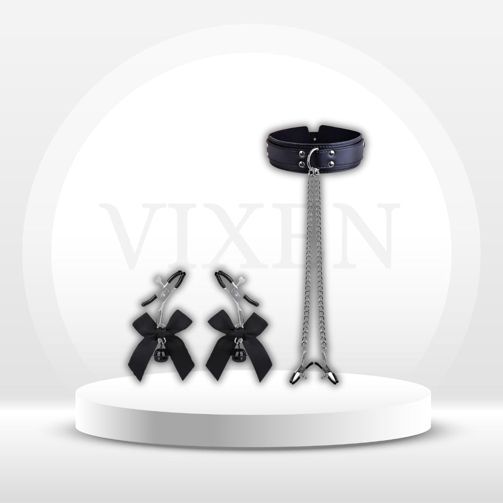 BowBelle BDSM Nipple Clamps Collar Set