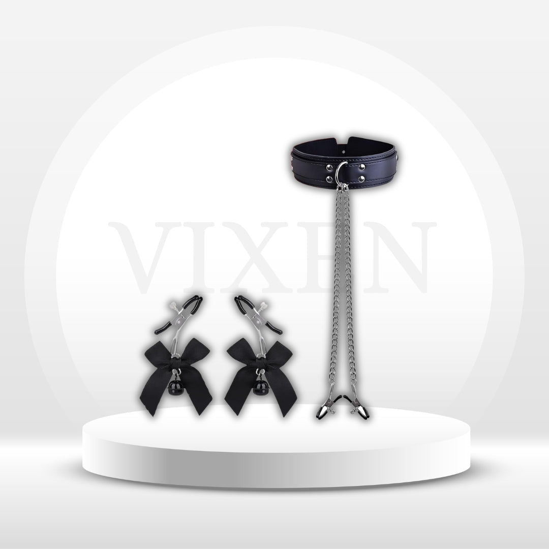 BowBelle BDSM Nipple Clamps Collar Set
