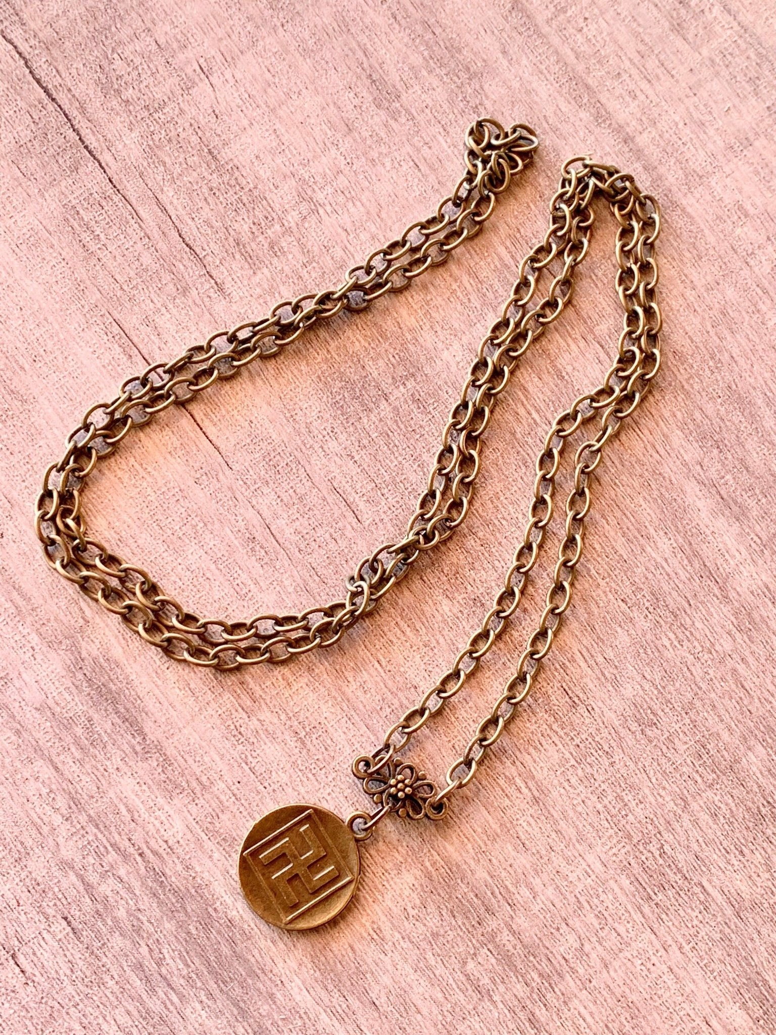 Buddha/ Manji Handmade Coin Antique Bronze 31" Chain Necklace