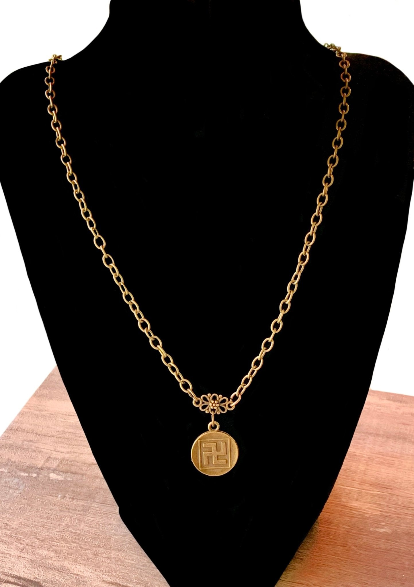 Buddha/ Manji Handmade Coin Antique Bronze 31" Chain Necklace