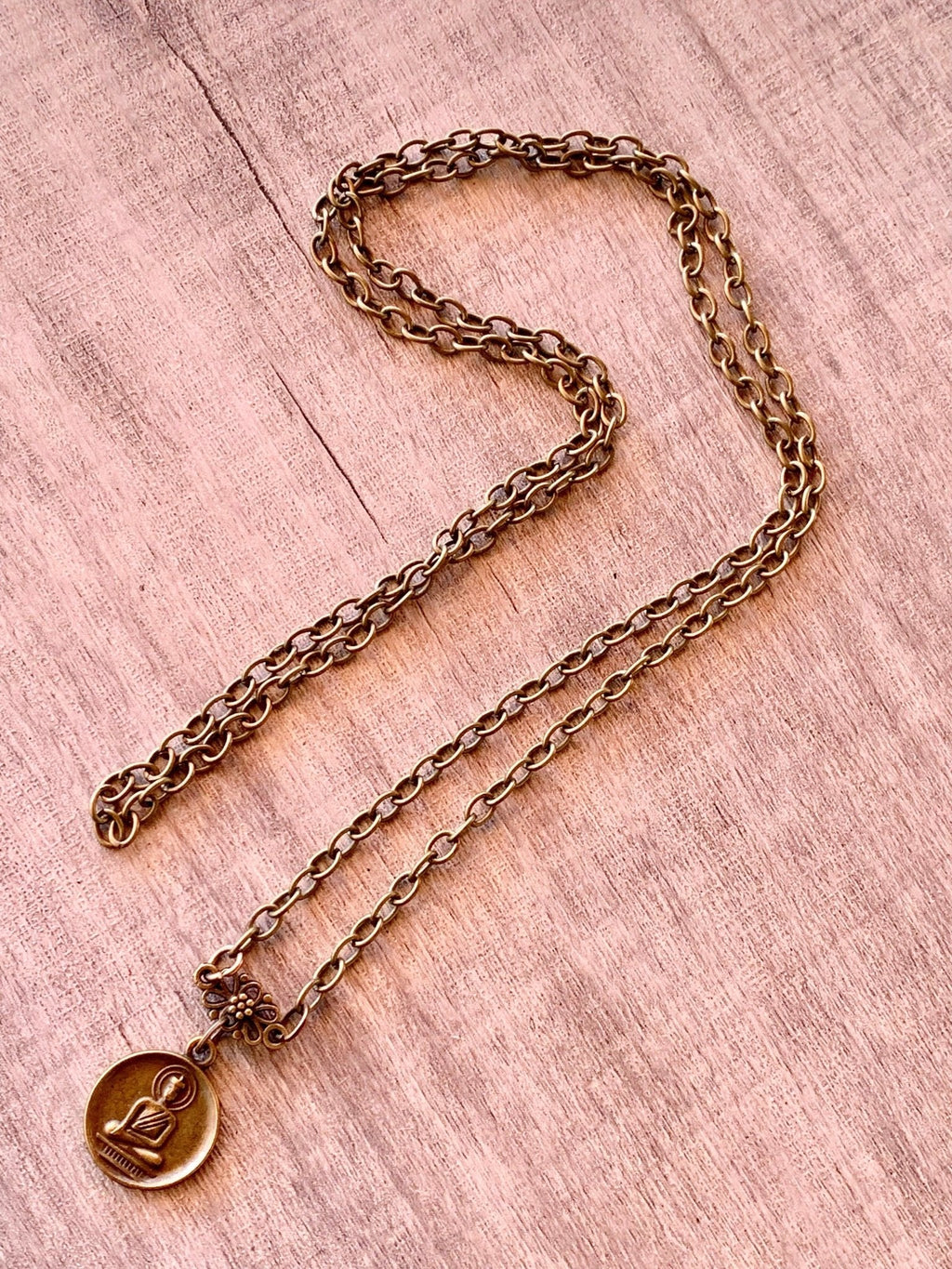Buddha/ Manji Handmade Coin Antique Bronze 31" Chain Necklace