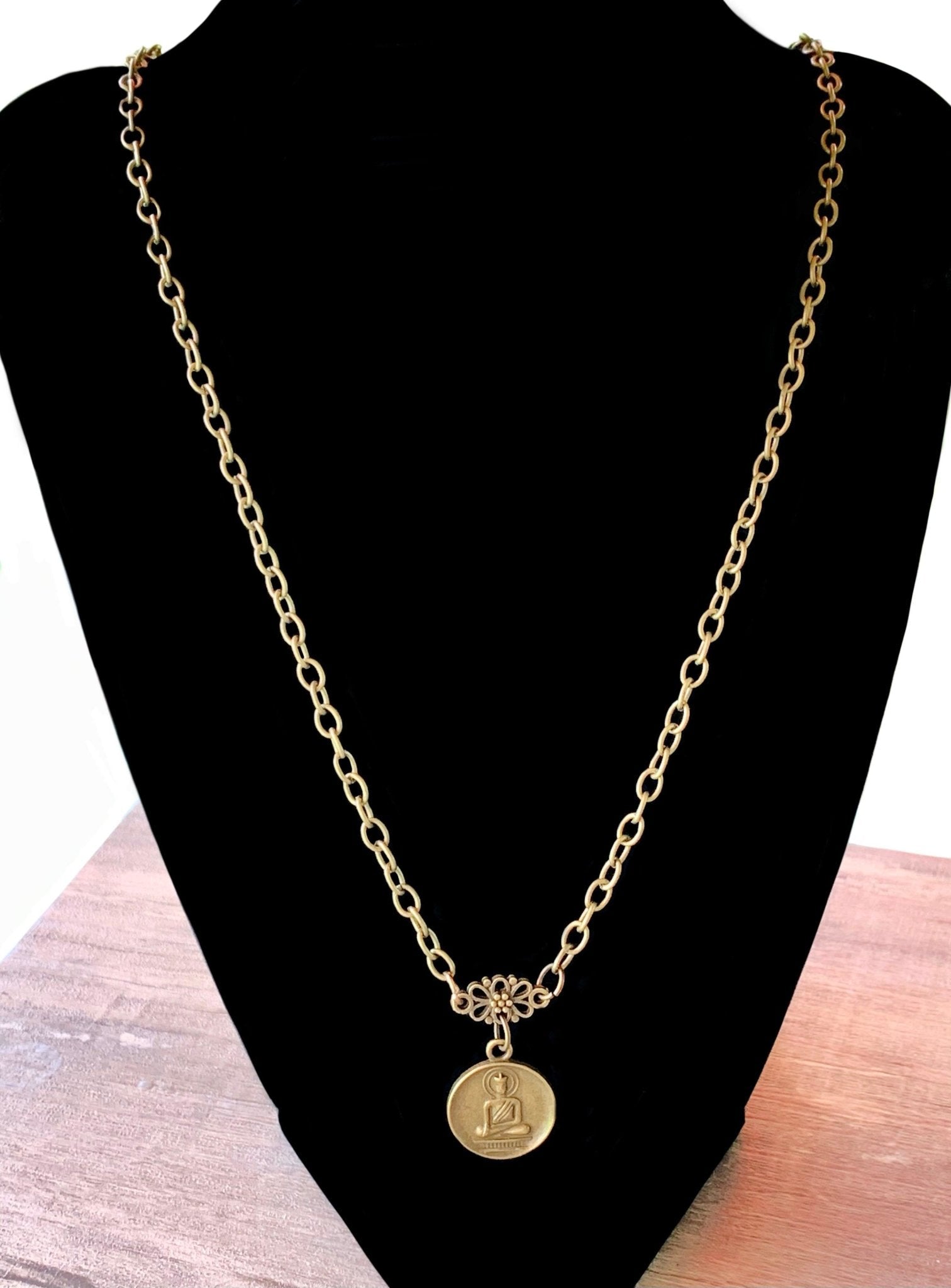 Buddha/ Manji Handmade Coin Antique Bronze 31" Chain Necklace