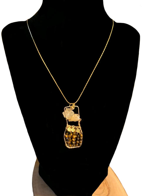 Catrina Handmade Tiger-Eye and Raw Citrine "Bottle" Pendant Necklace