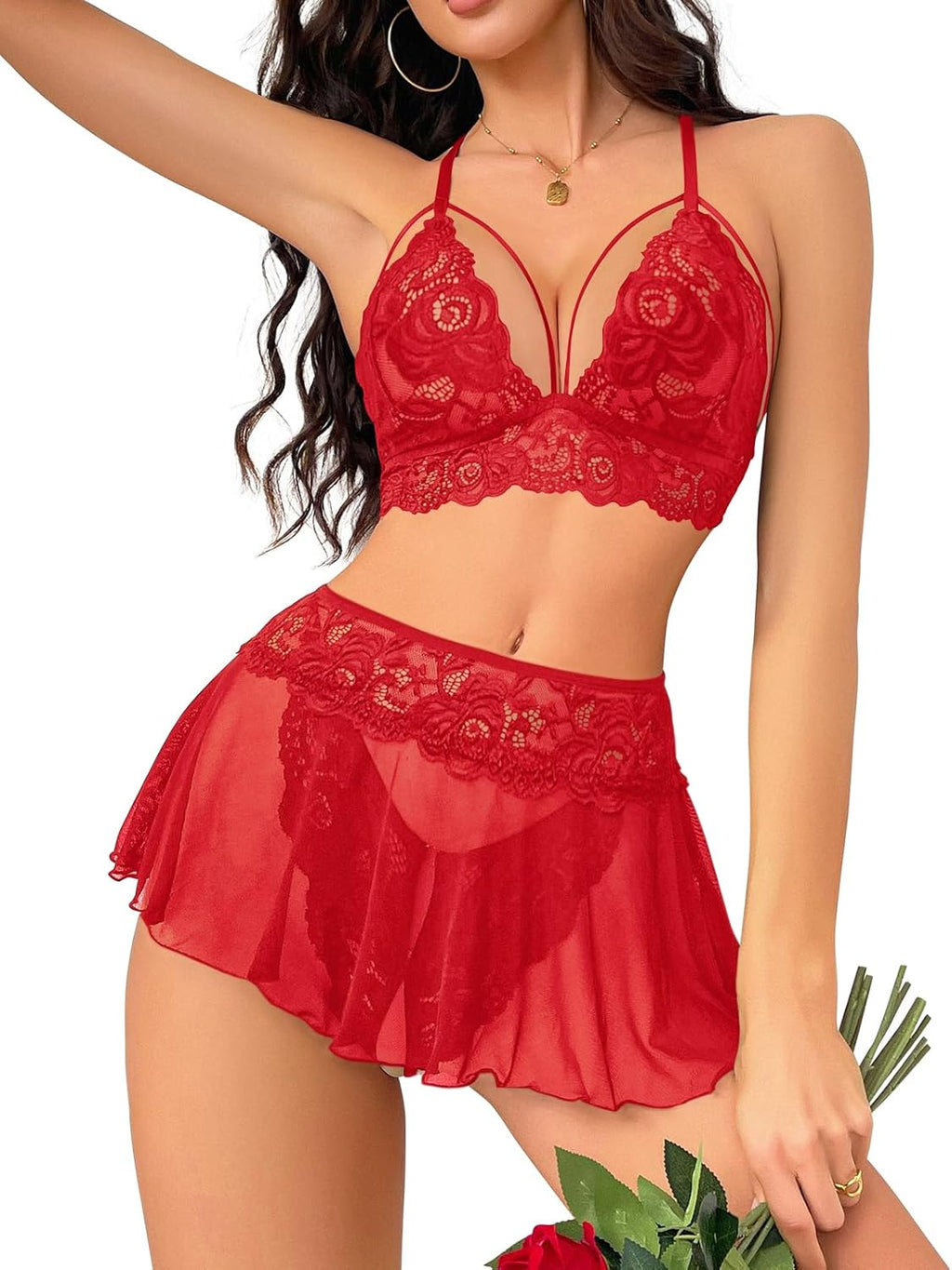 CharmLace 3-Piece Lace Skirt Lingerie Set