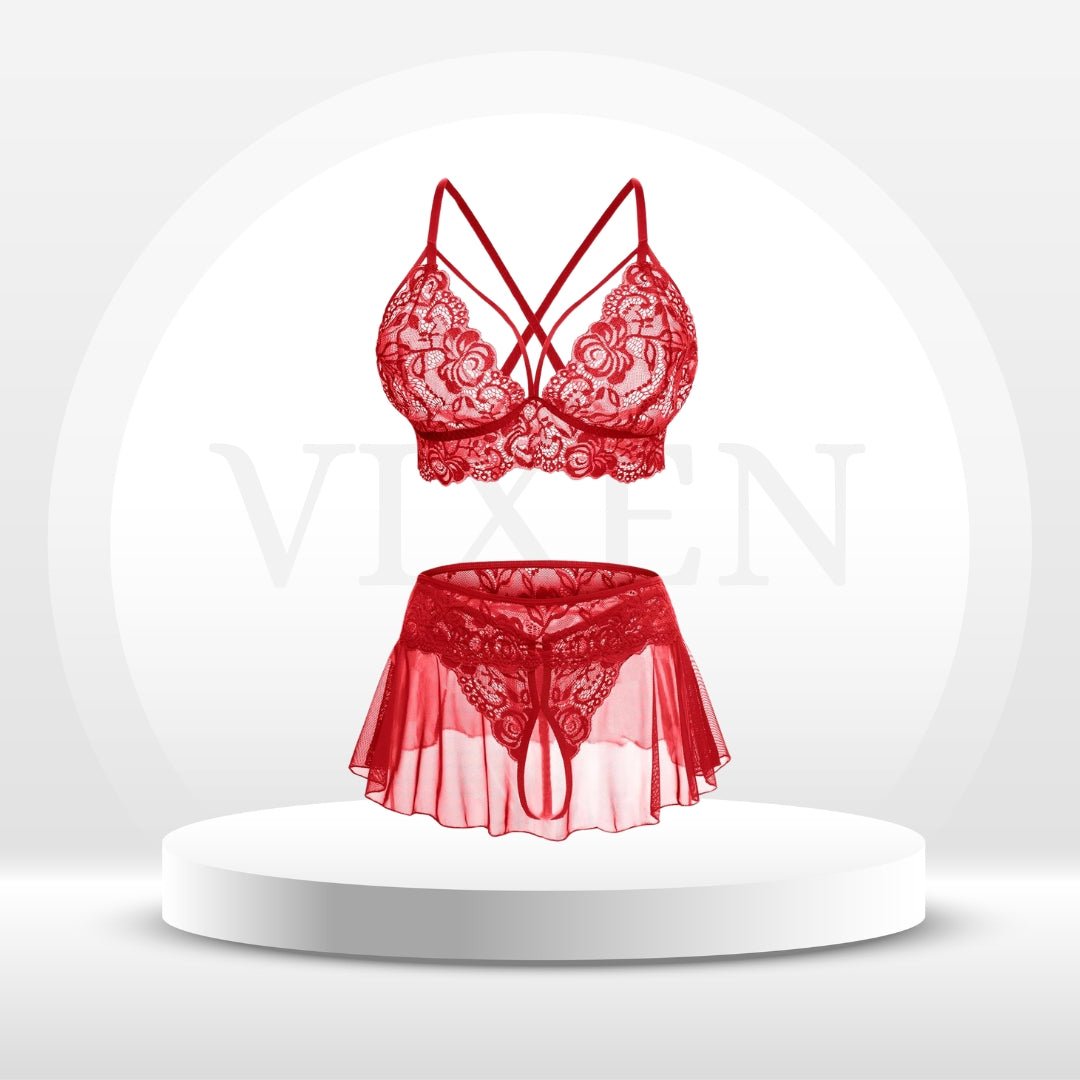 CharmLace 3-Piece Lace Skirt Lingerie Set