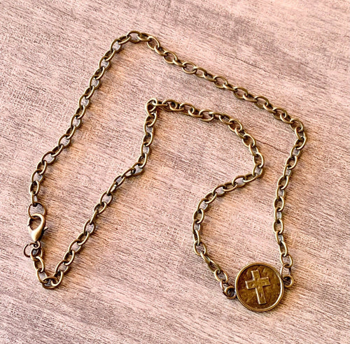 Cross on a Coin Pendant on a 17" Antique Brass/ Gold Color Necklace/Choker