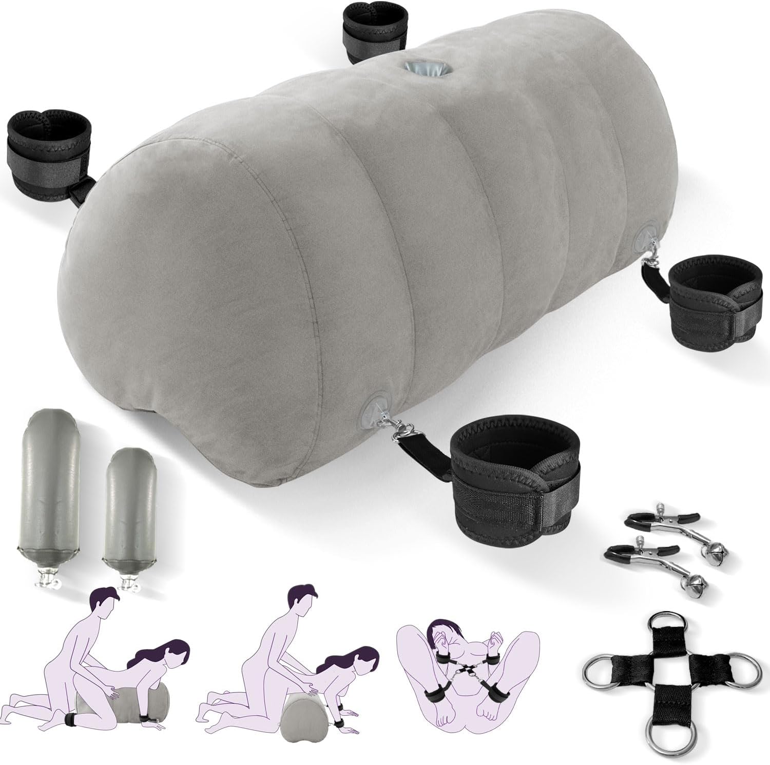 Heart-Shaped Inflatable Bondage Pillow | Toy Mount Cushion with Cuffs, Straps & Clamps | Bedroom Wedge Kit for Couples