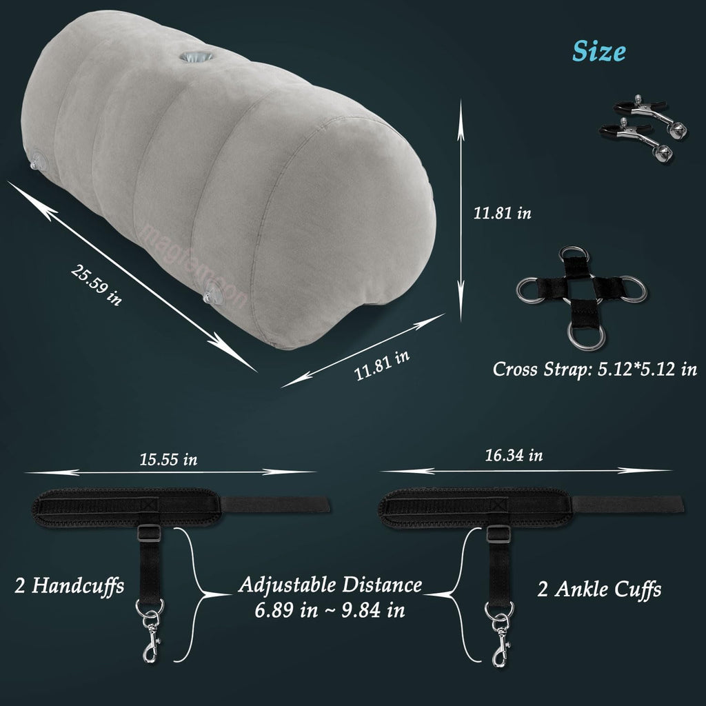 Heart-Shaped Inflatable Bondage Pillow | Toy Mount Cushion with Cuffs, Straps & Clamps | Bedroom Wedge Kit for Couples