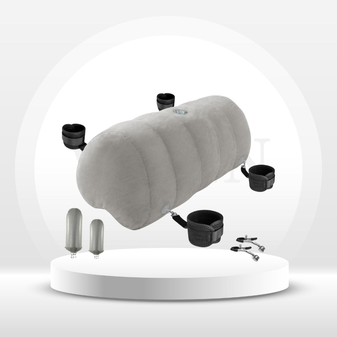 Heart-Shaped Inflatable Bondage Pillow | Toy Mount Cushion with Cuffs, Straps & Clamps | Bedroom Wedge Kit for Couples