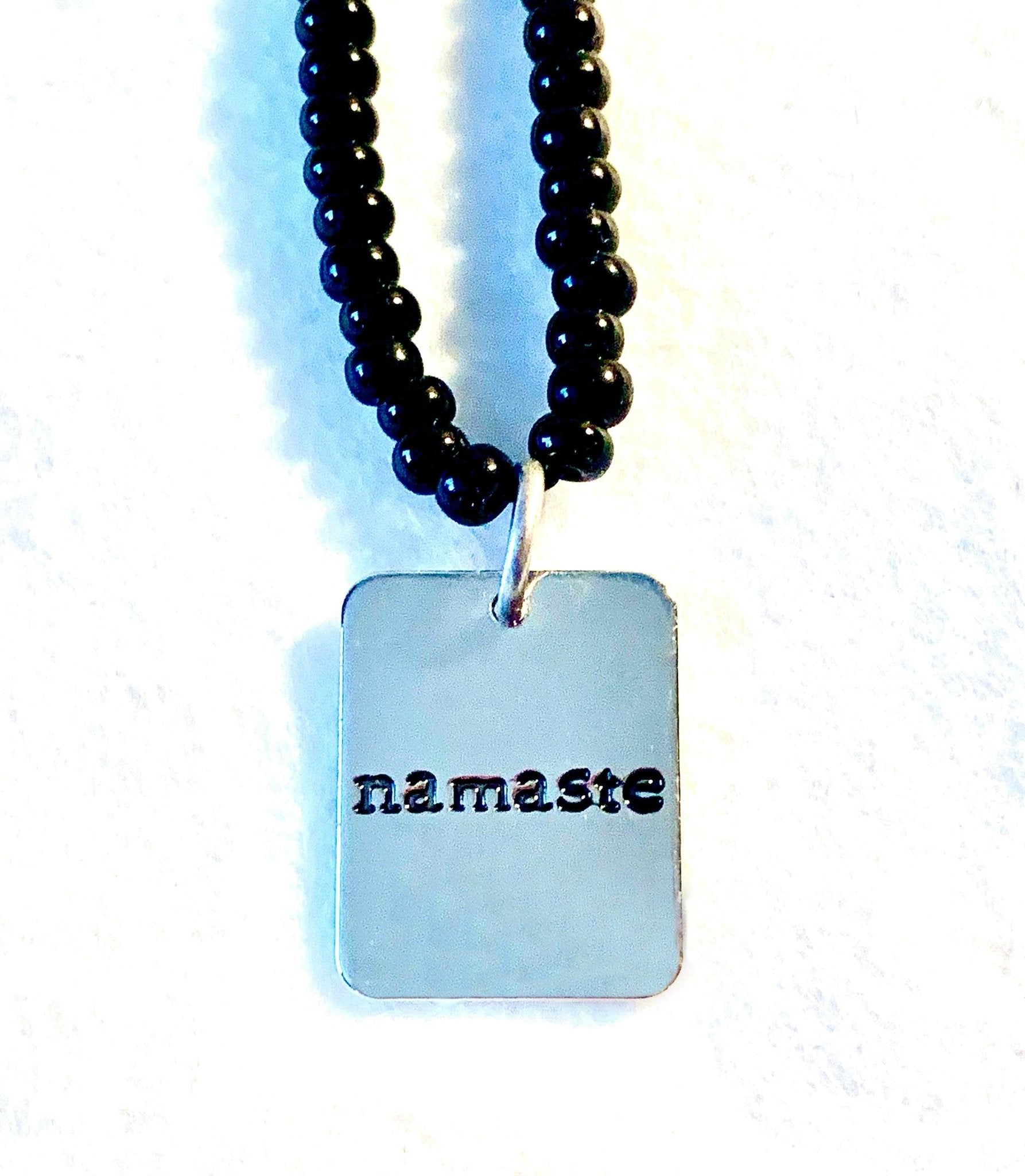 Namaste Handmade Long 30" Black Glass Beaded Necklace (Namaste Charm Pendant)