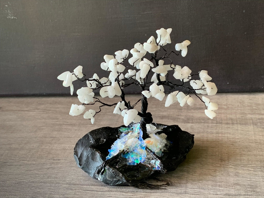 Joy- Handmade White Jade 5" Mini Gemstone Tree Sculpture Mounted on Raw Obsidian