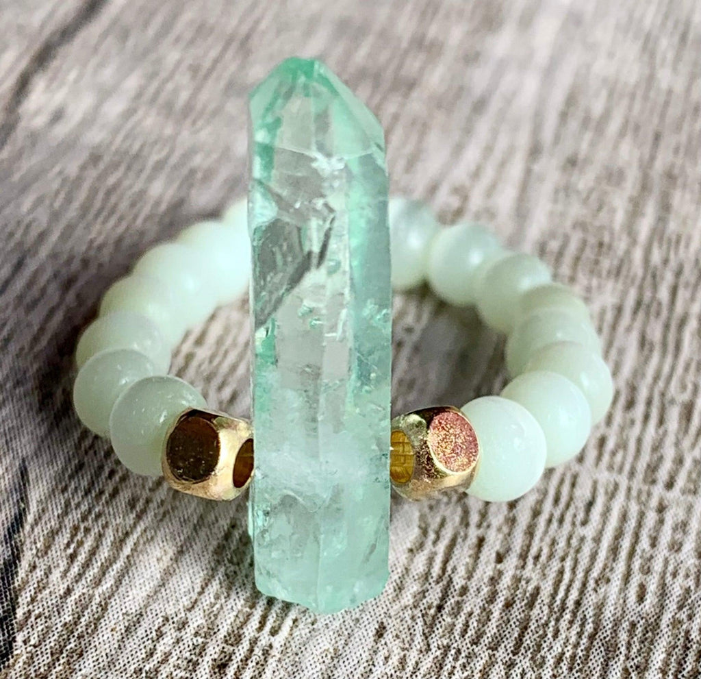 Lucille Handmade Light Green Quartz and Cats Eye Expandable Ring